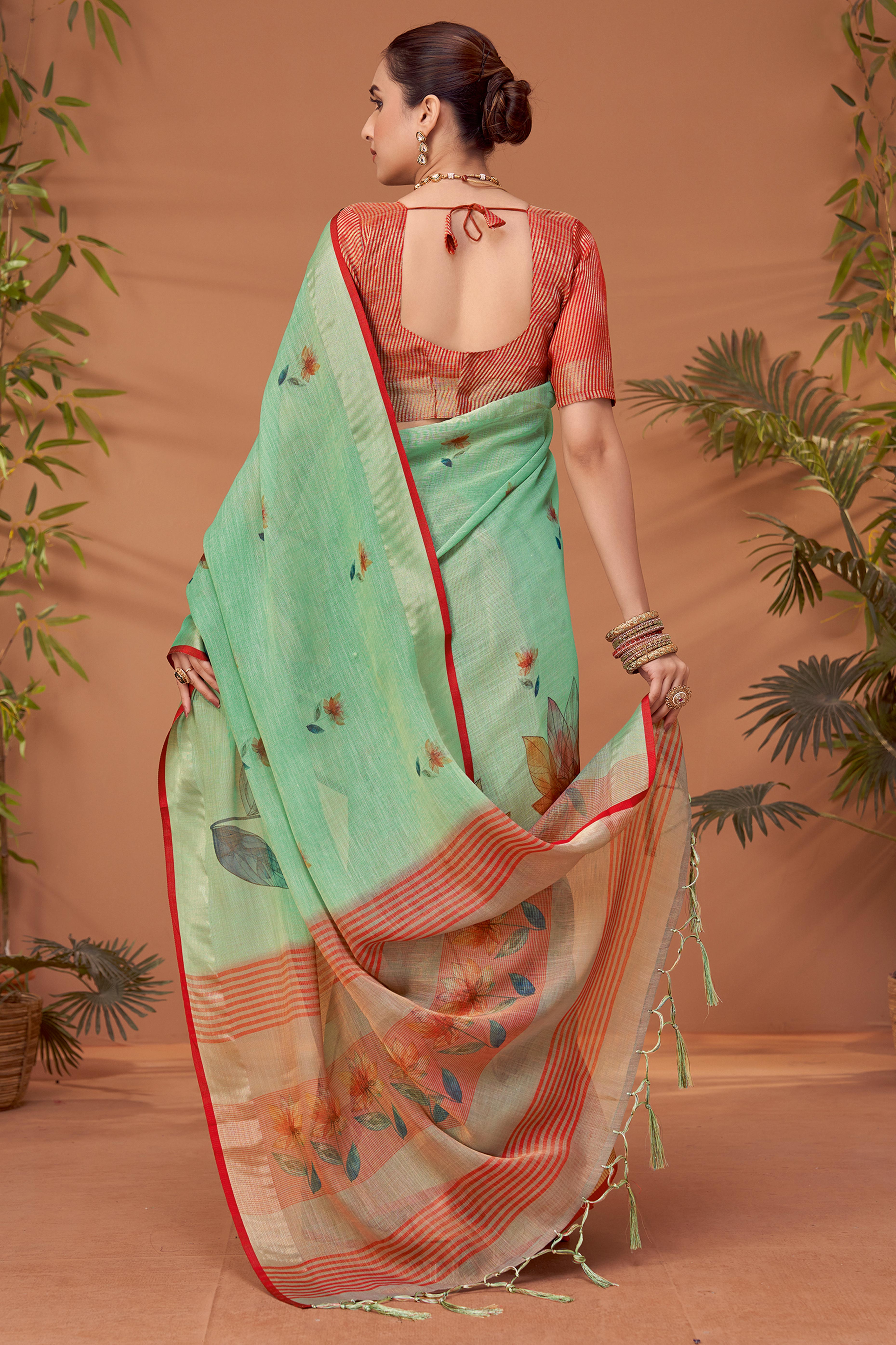 Pista Green Woven Floral Printed Linen Blend Saree with Soft Elegant Texture
