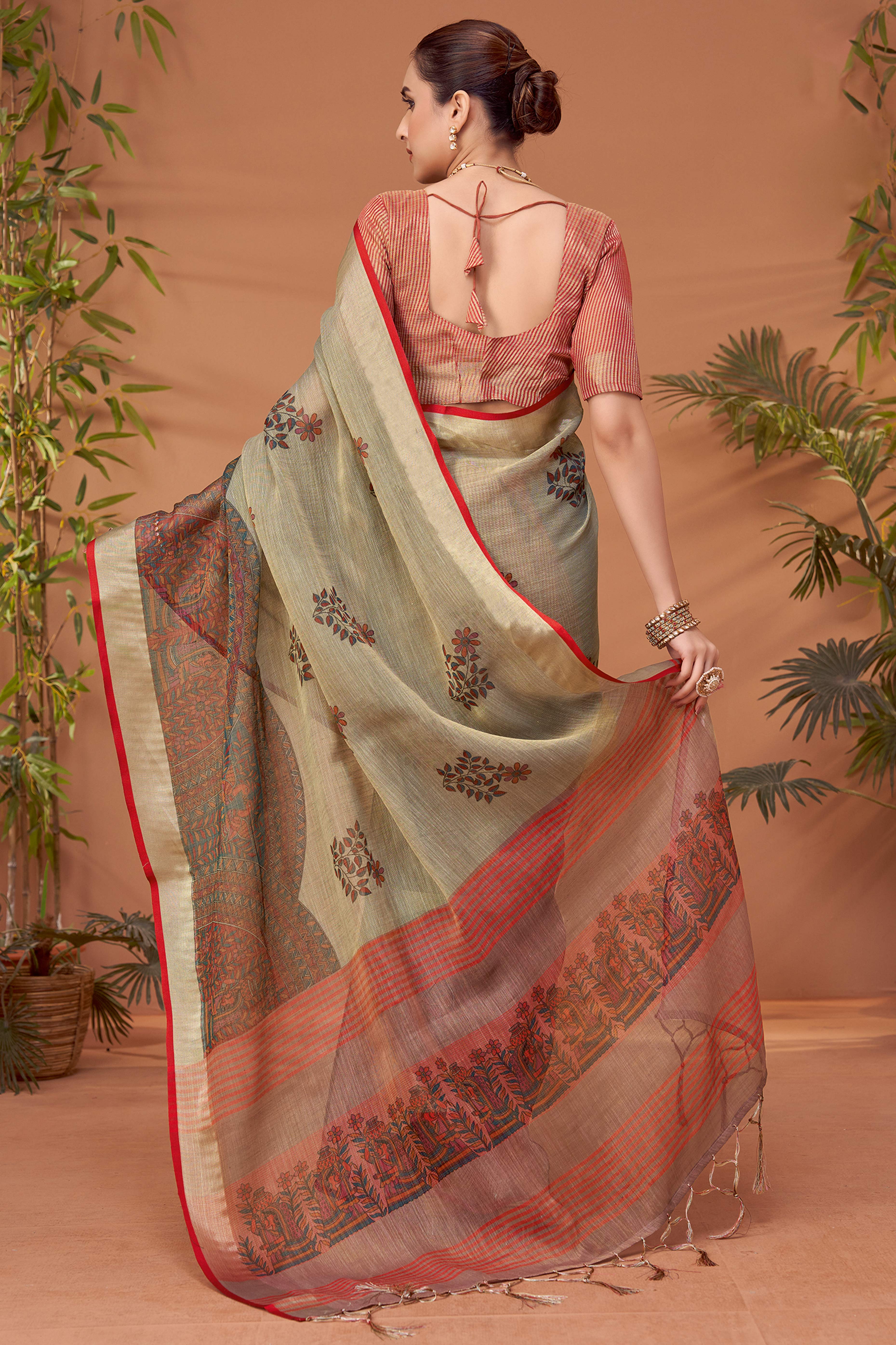 Sage Green Woven Floral Printed Linen Blend Saree with Soft Elegant Texture