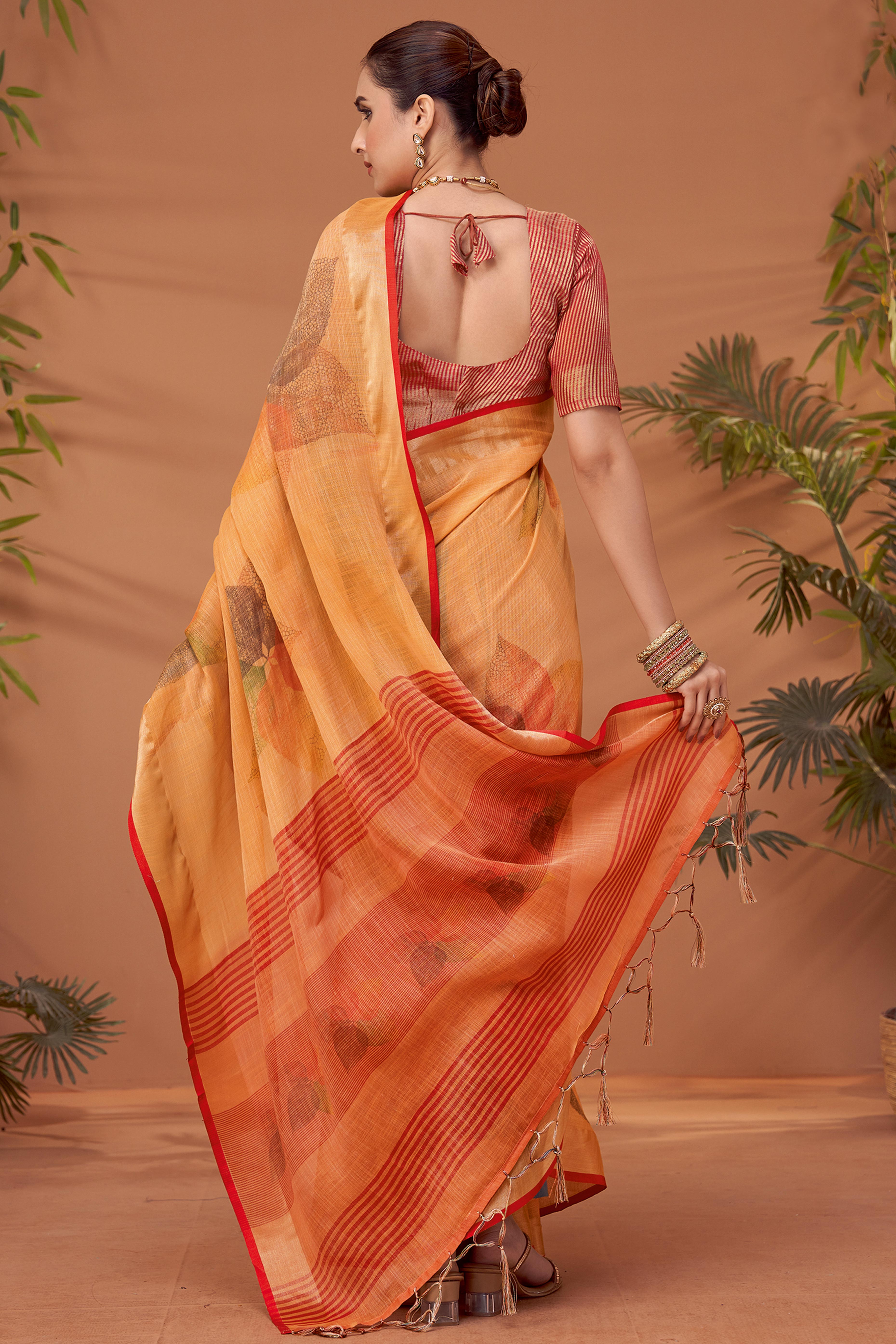Orange Woven Floral Printed Linen Blend Saree with Soft Elegant Texture