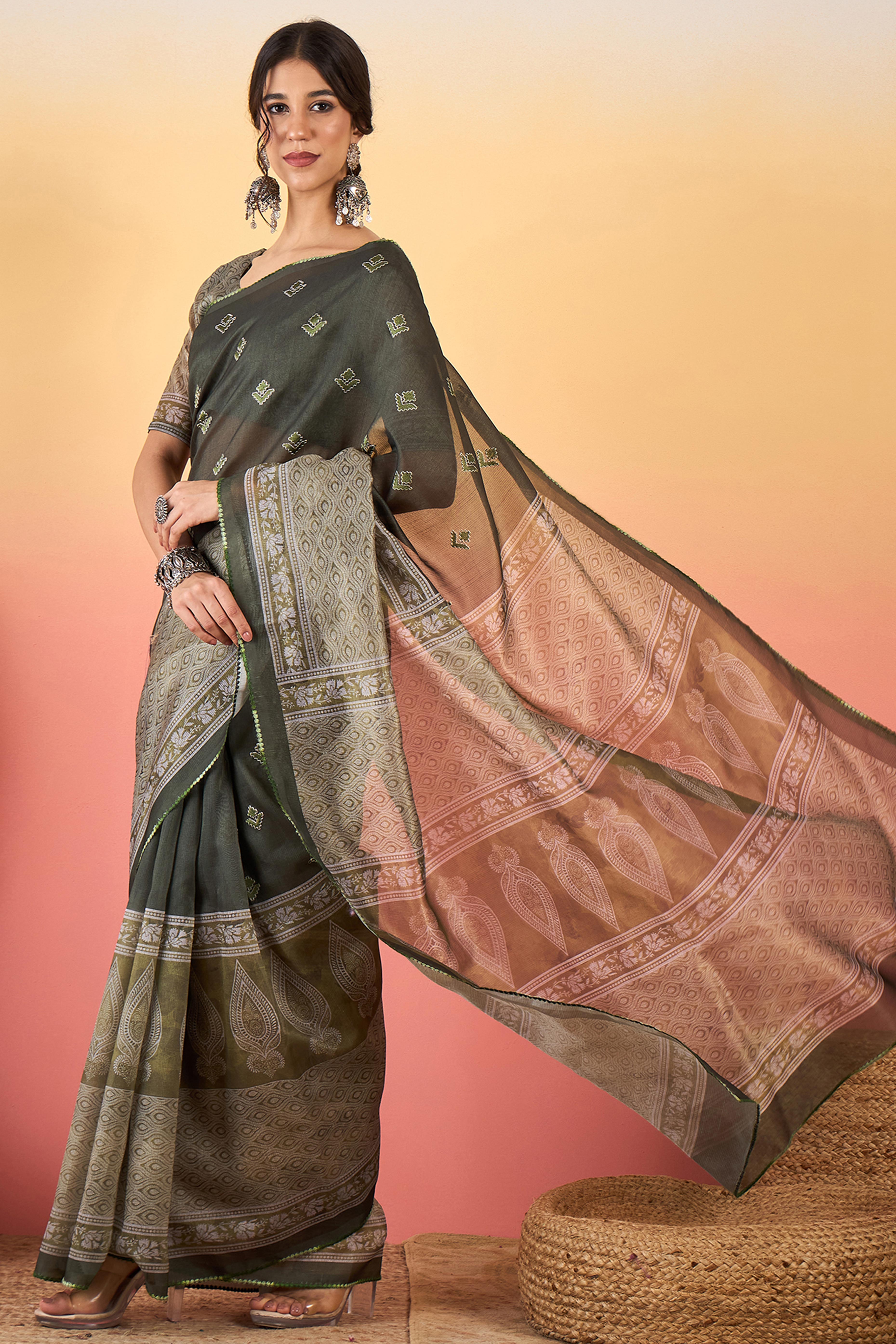 Mehendi Green Floral Embroidered Saree Made from Premium Lightweight Silk Blend Material