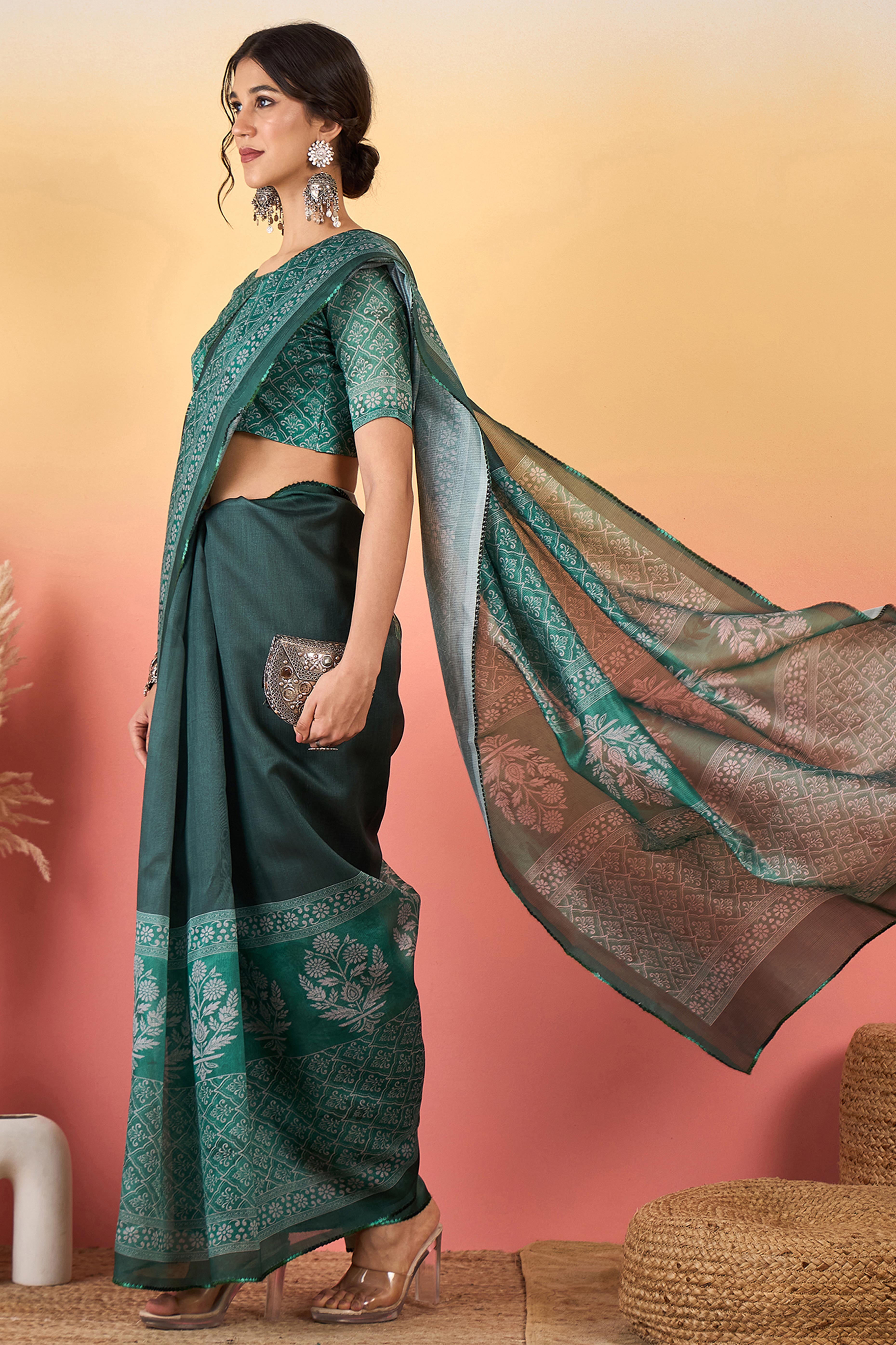 Green Floral Embroidered Saree Made from Premium Lightweight Silk Blend Material