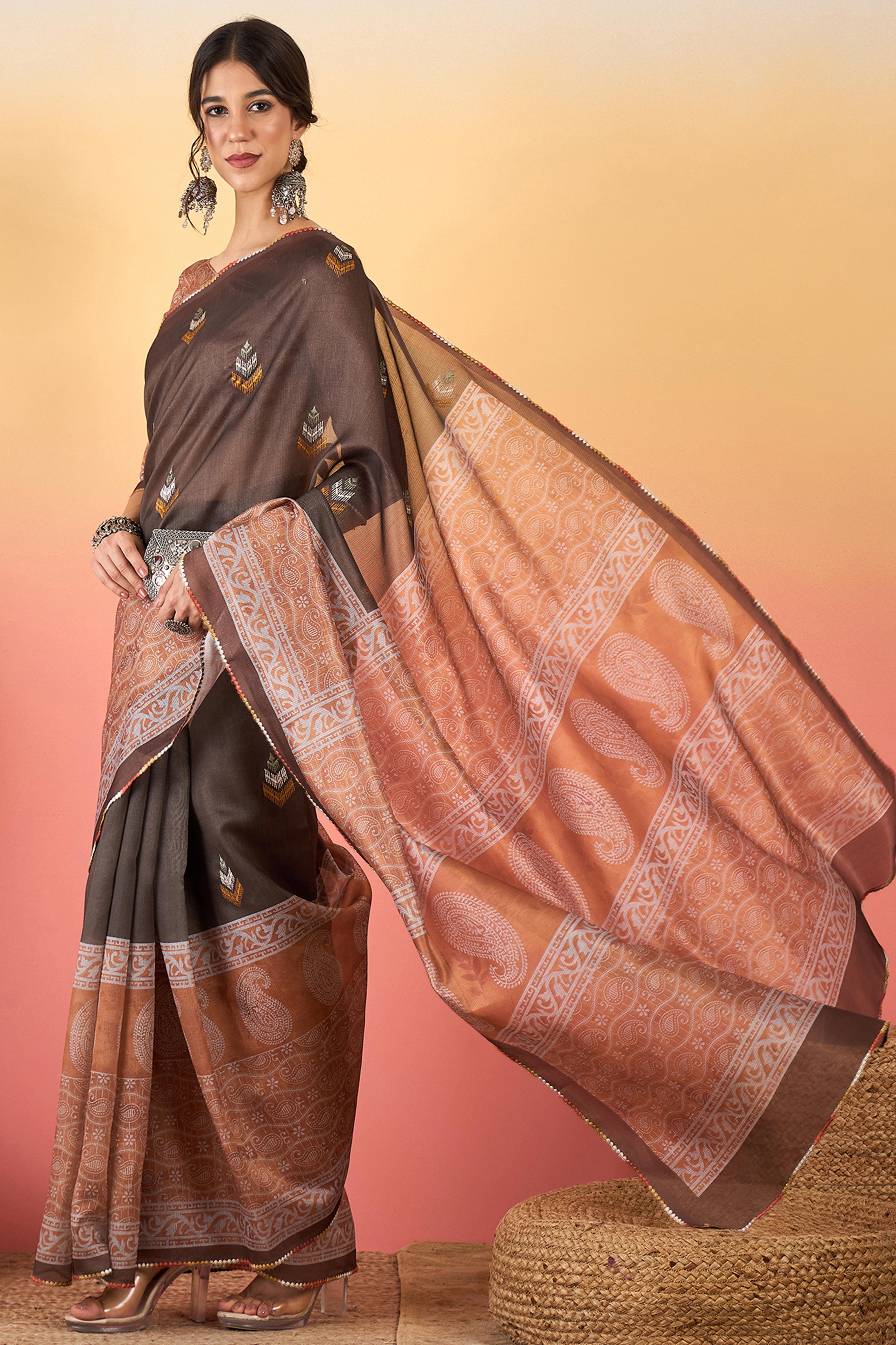 Brown Floral Embroidered Saree Made from Premium Lightweight Silk Blend Material