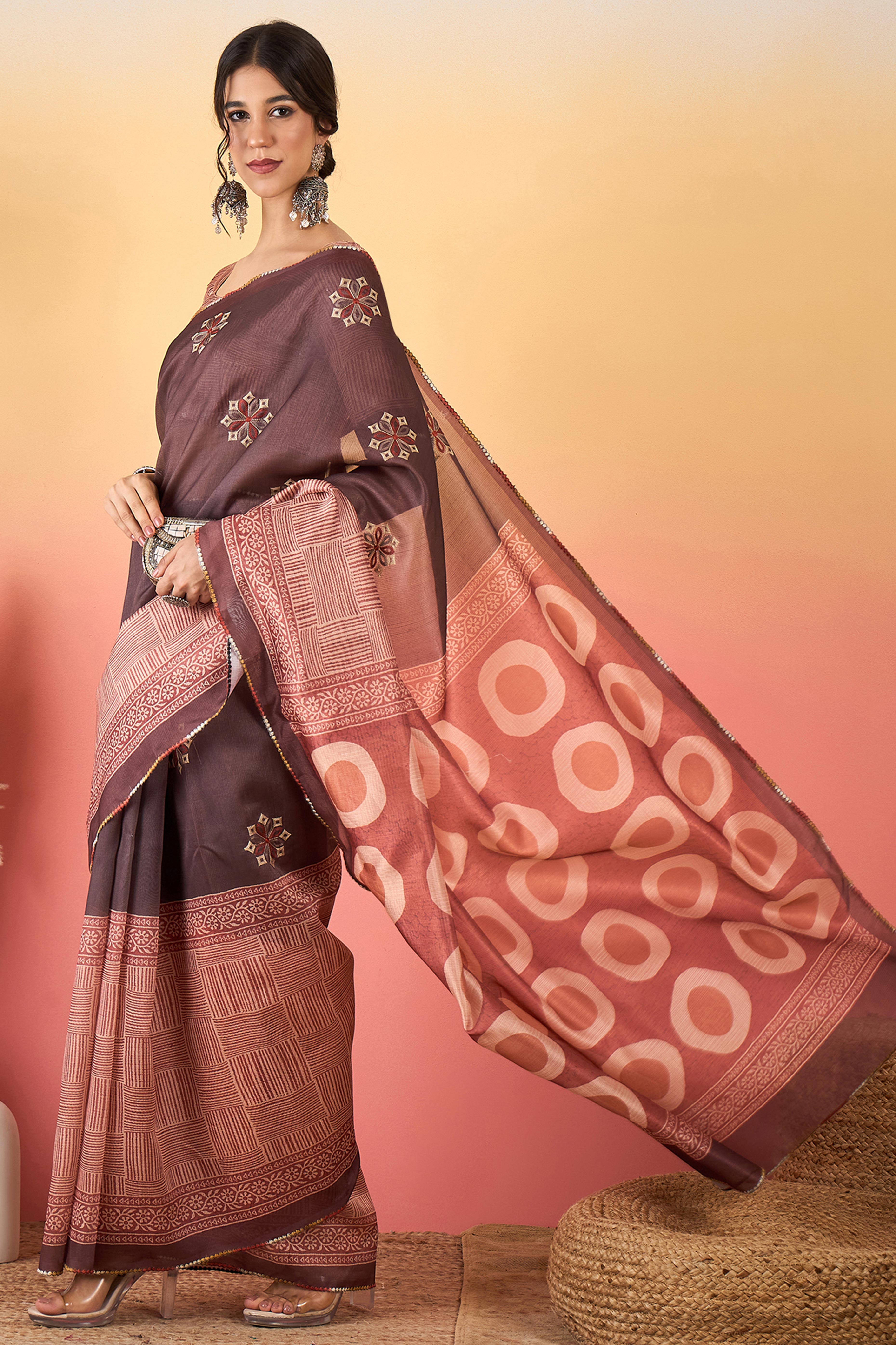 Light Coffee Brown Floral Embroidered Saree Made from Premium Lightweight Silk Blend Material