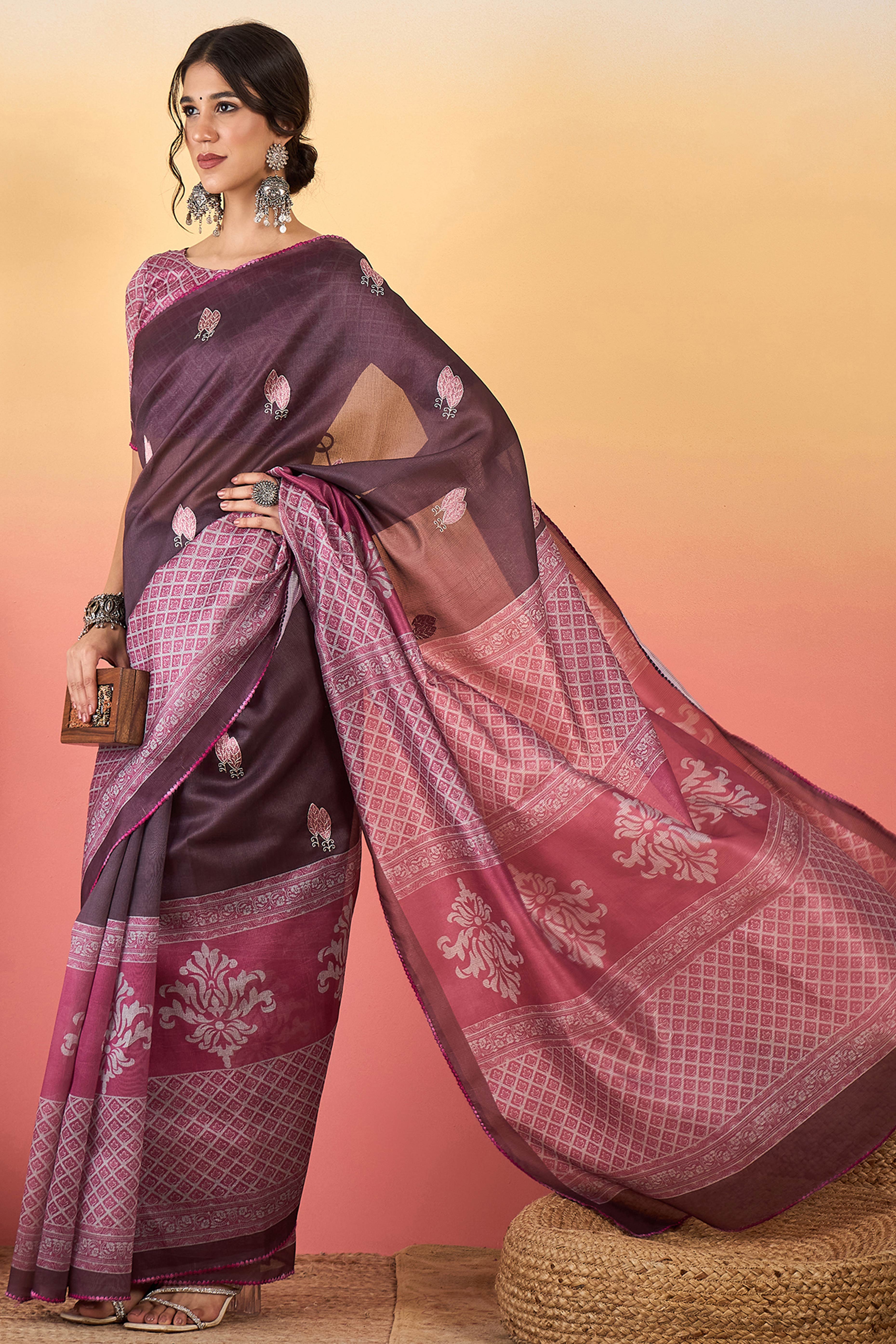 Wine Floral Embroidered Saree Made from Premium Lightweight Silk Blend Material