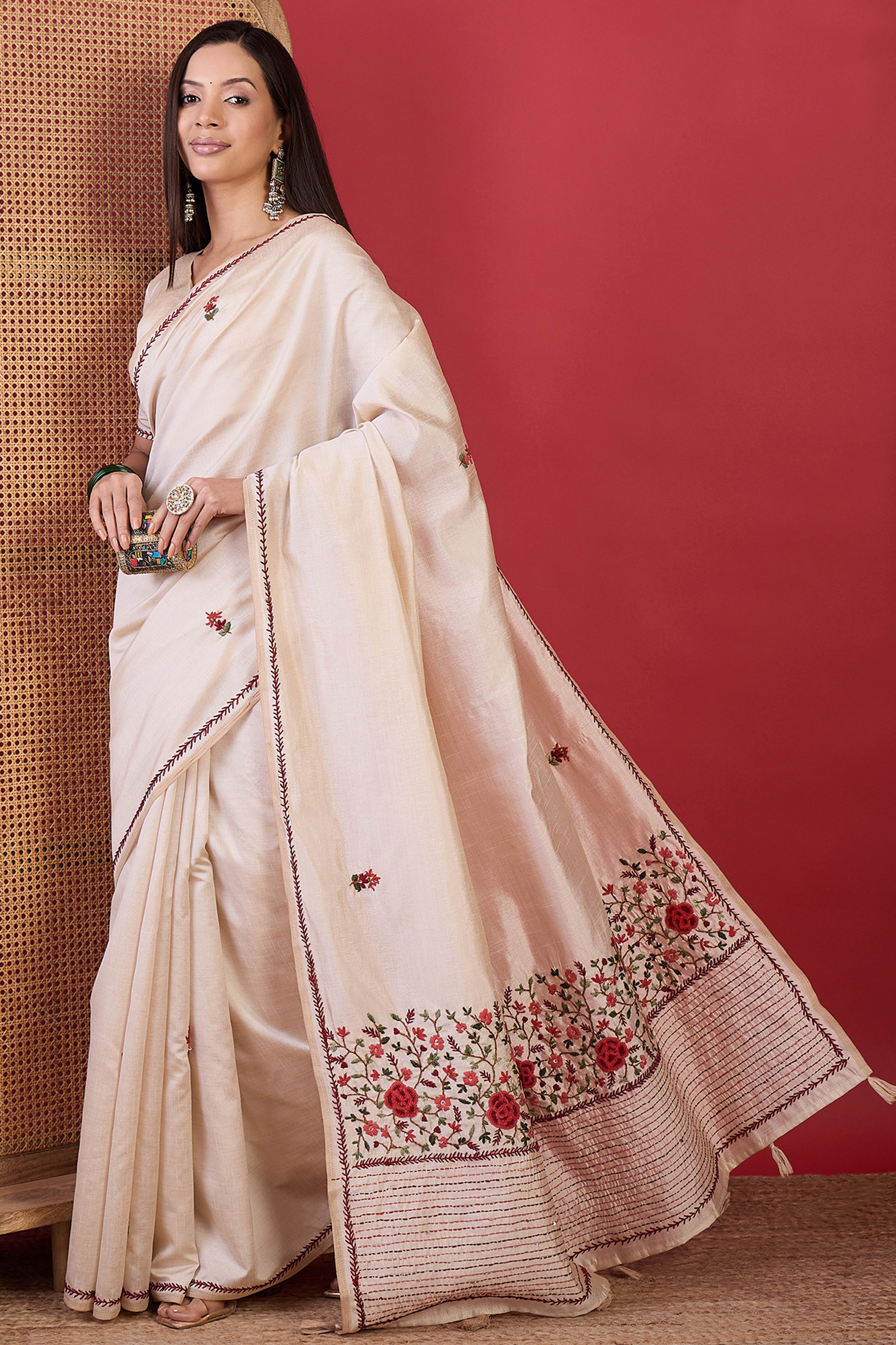 Cream Tussar Silk Saree with Fine Thread Work Embroidery for Festive Wear