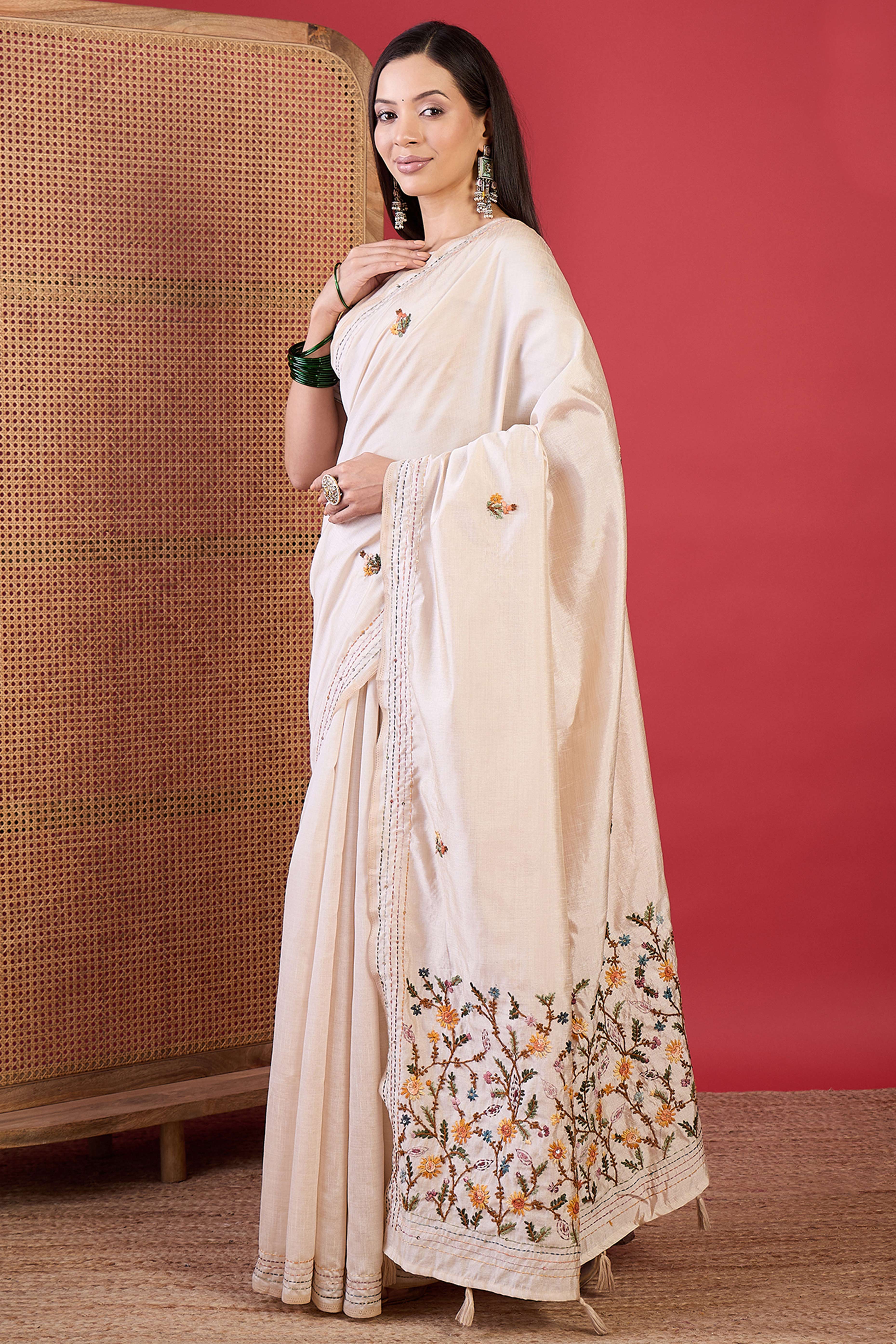 Cream Festive Wear Tussar Silk Saree Adorned with Delicate Thread Embroidery