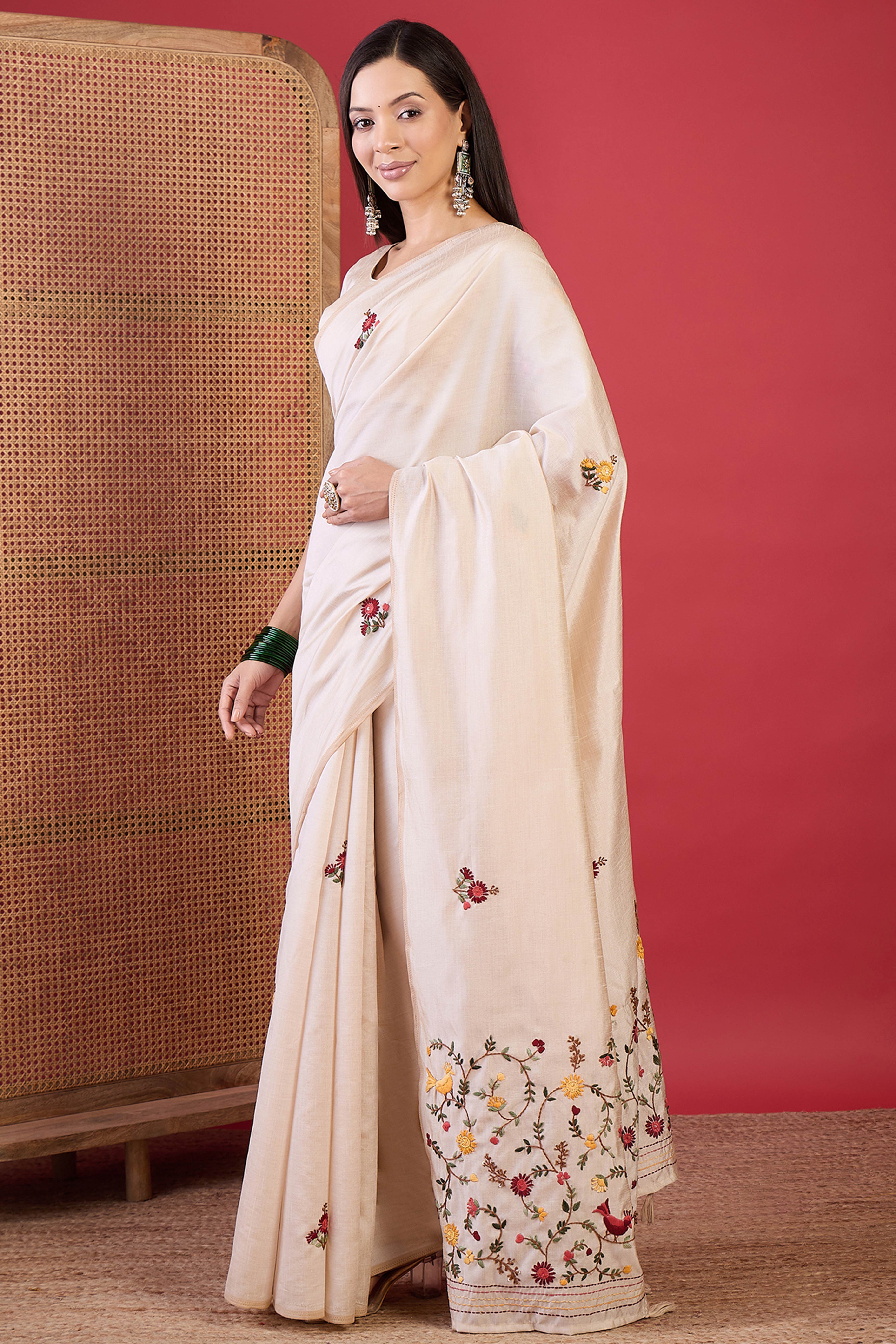 Cream Thread Embroidered Tussar Silk Saree for Traditional Occasions
