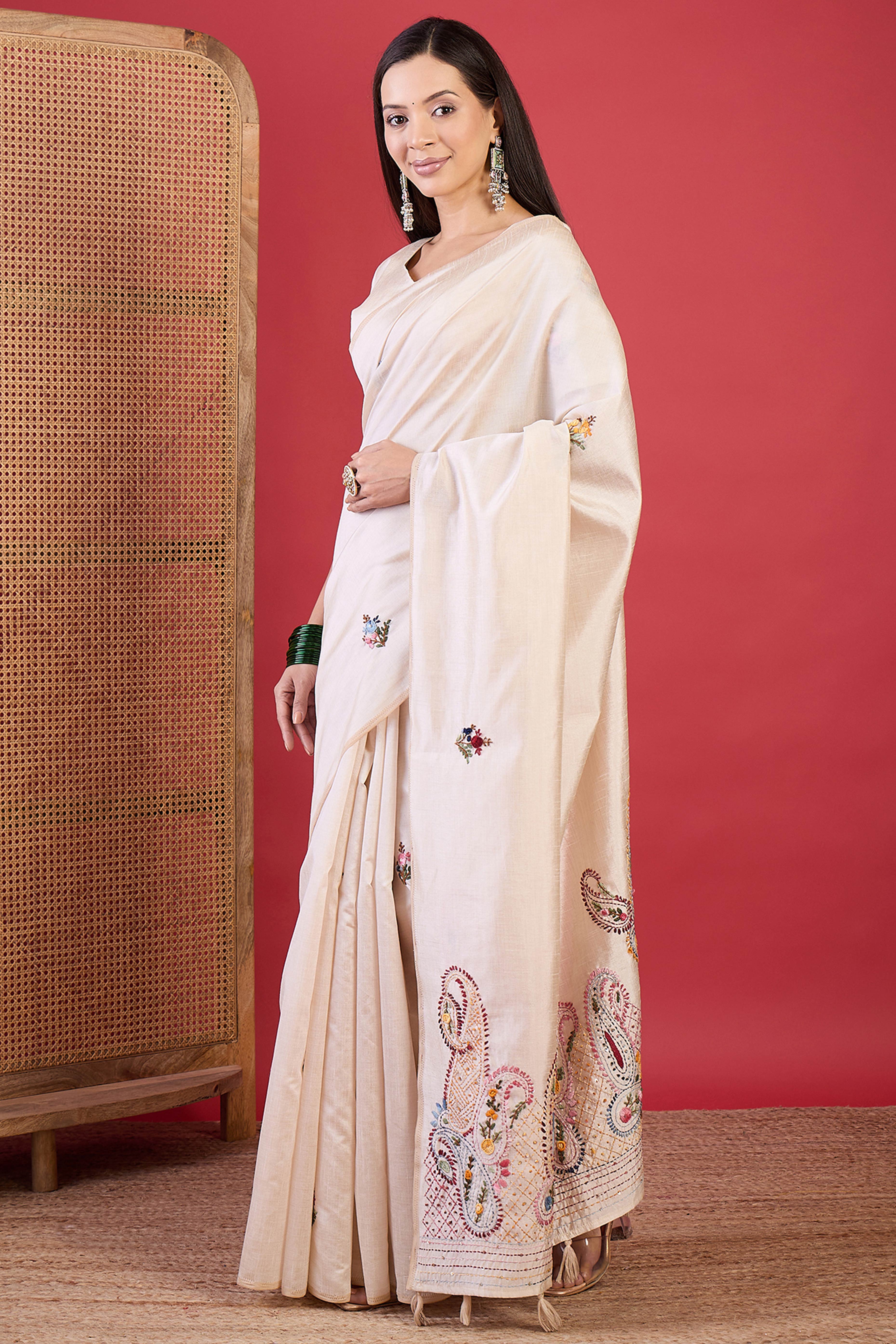 Cream Thread Work Embroidered Tussar Silk Saree for Elegant Festive Wear