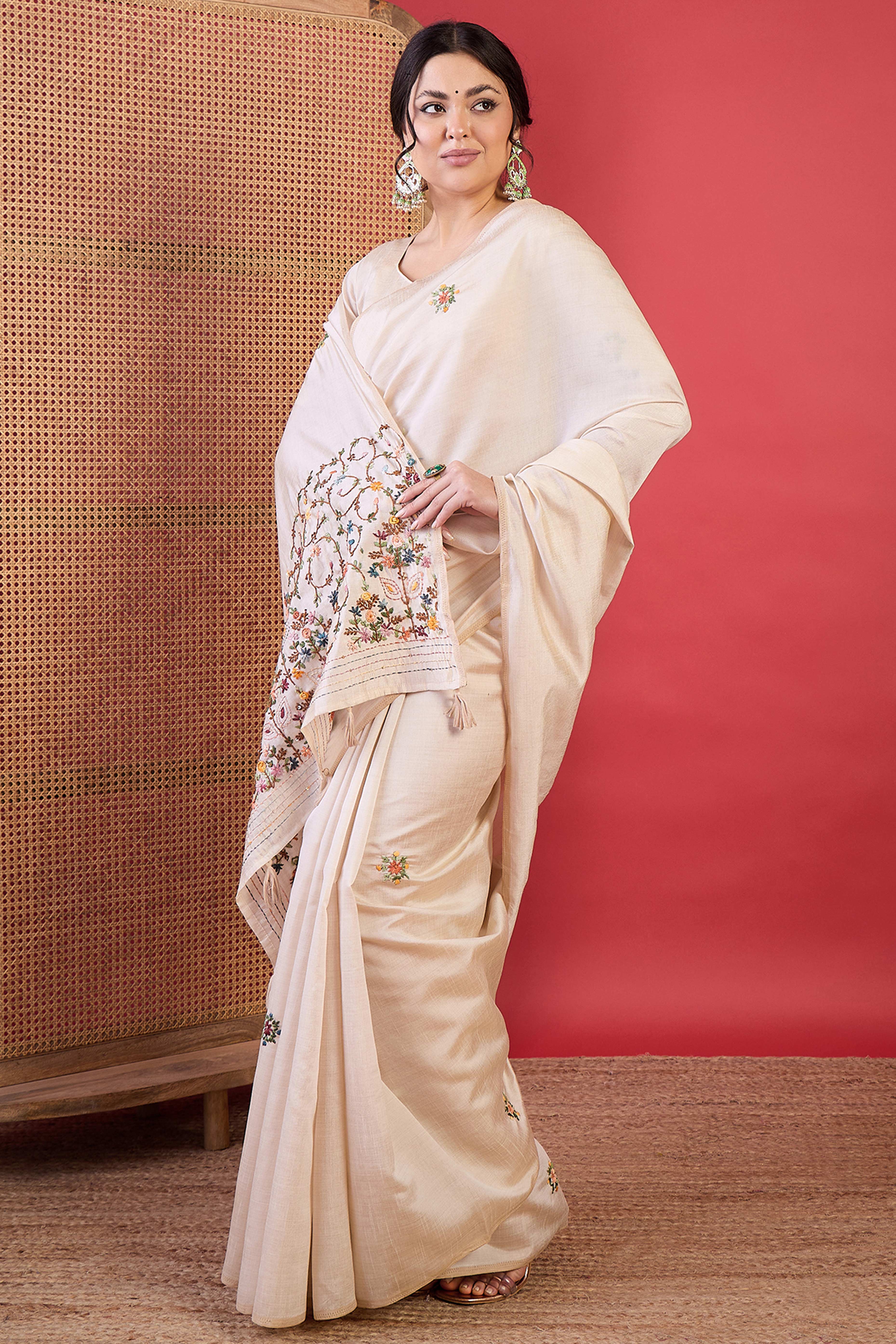 Sophisticated Cream Thread Embroidered Tussar Silk Saree for Special Occasions