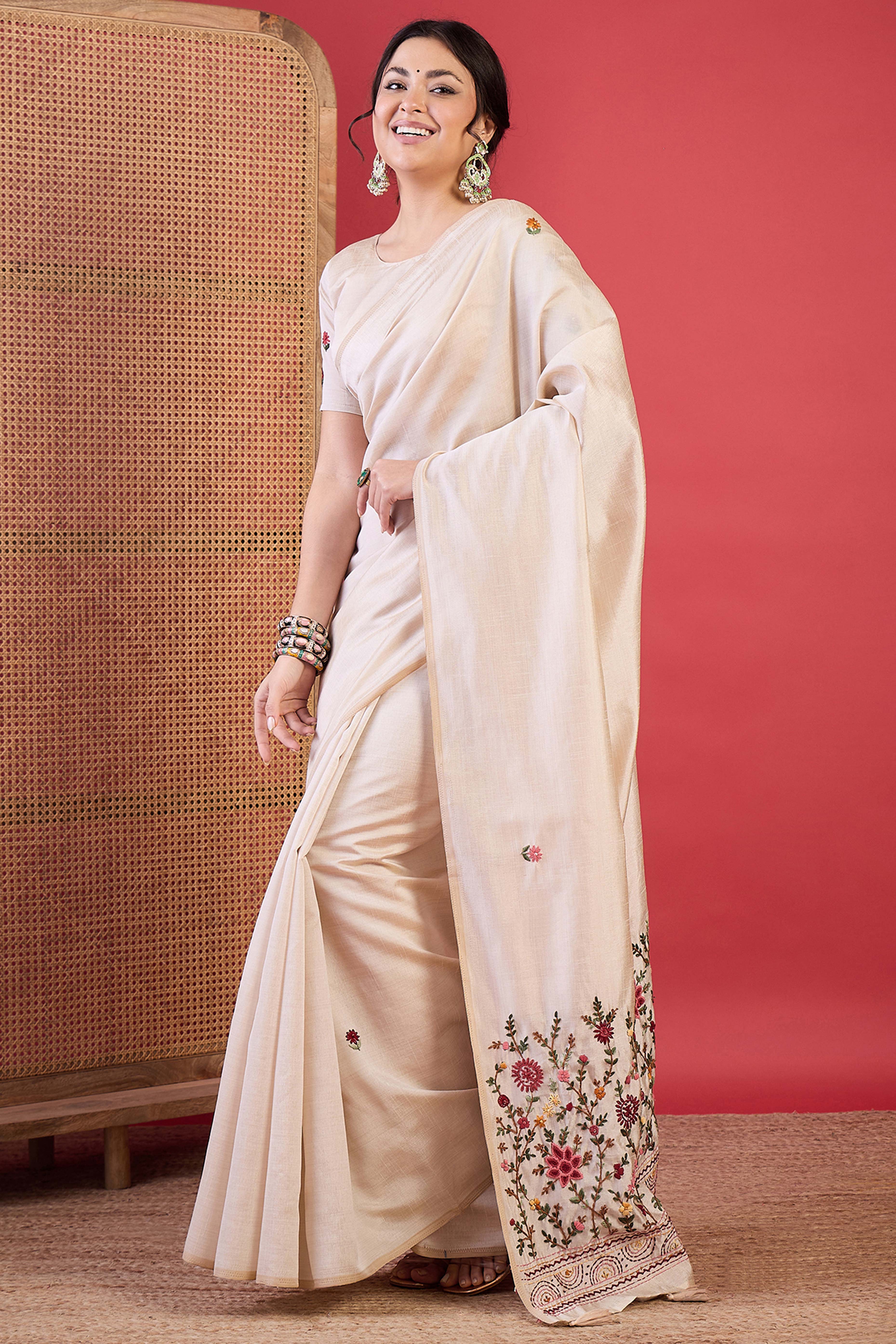 Cream Thread Work Embroidered Tussar Silk Saree with Rich Style