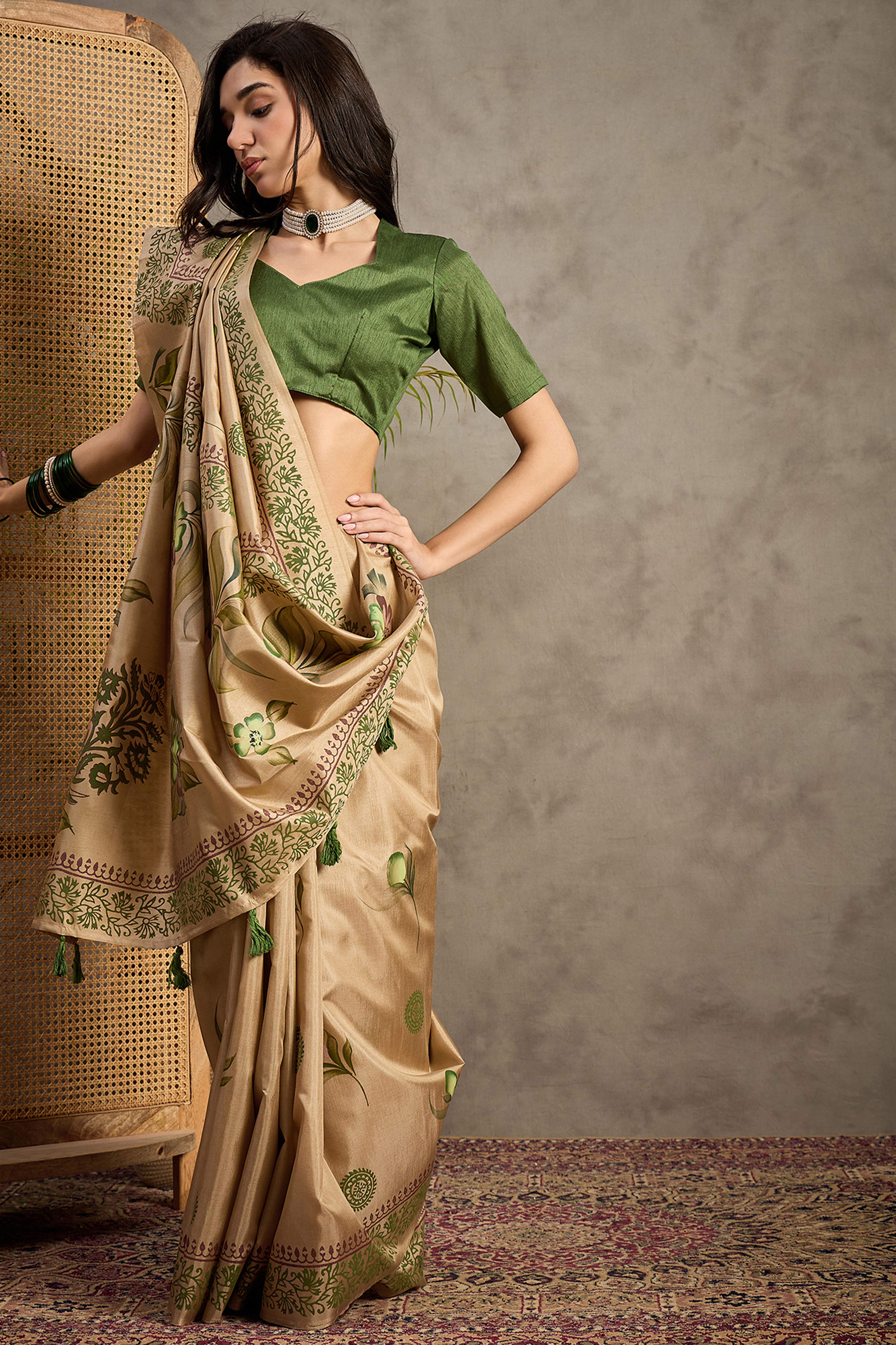 Beige Blossom Printed Kozi Cotton Silk Saree Adorned With Stylish Tassel Detailing Pallu