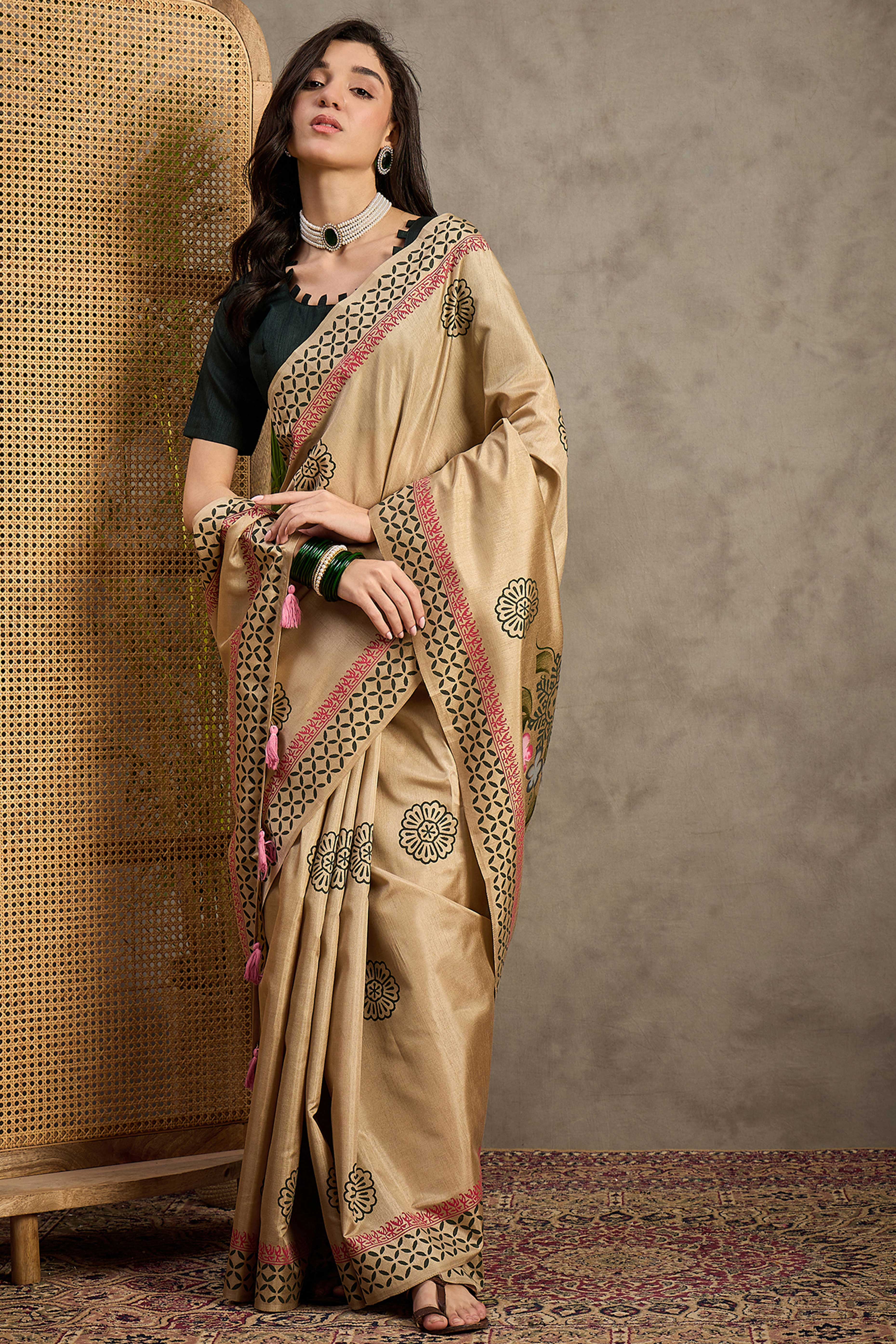 Charming Beige Floral Printed Kozi Cotton Silk Saree With Contemporary Tassel Pallu