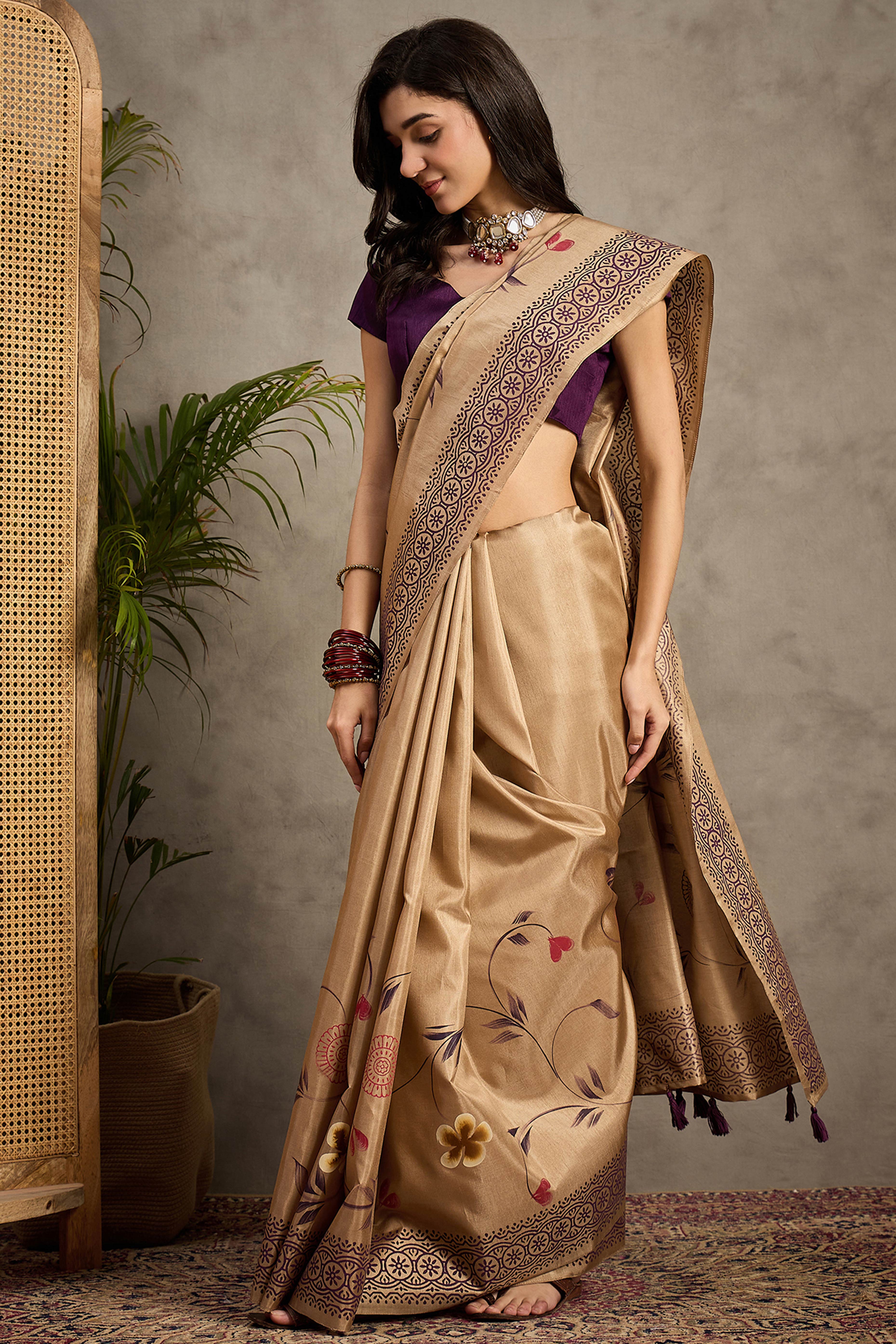 Classic Beige Floral Printed Kozi Cotton Silk Saree With Chic Tassel Embellishment Pallu