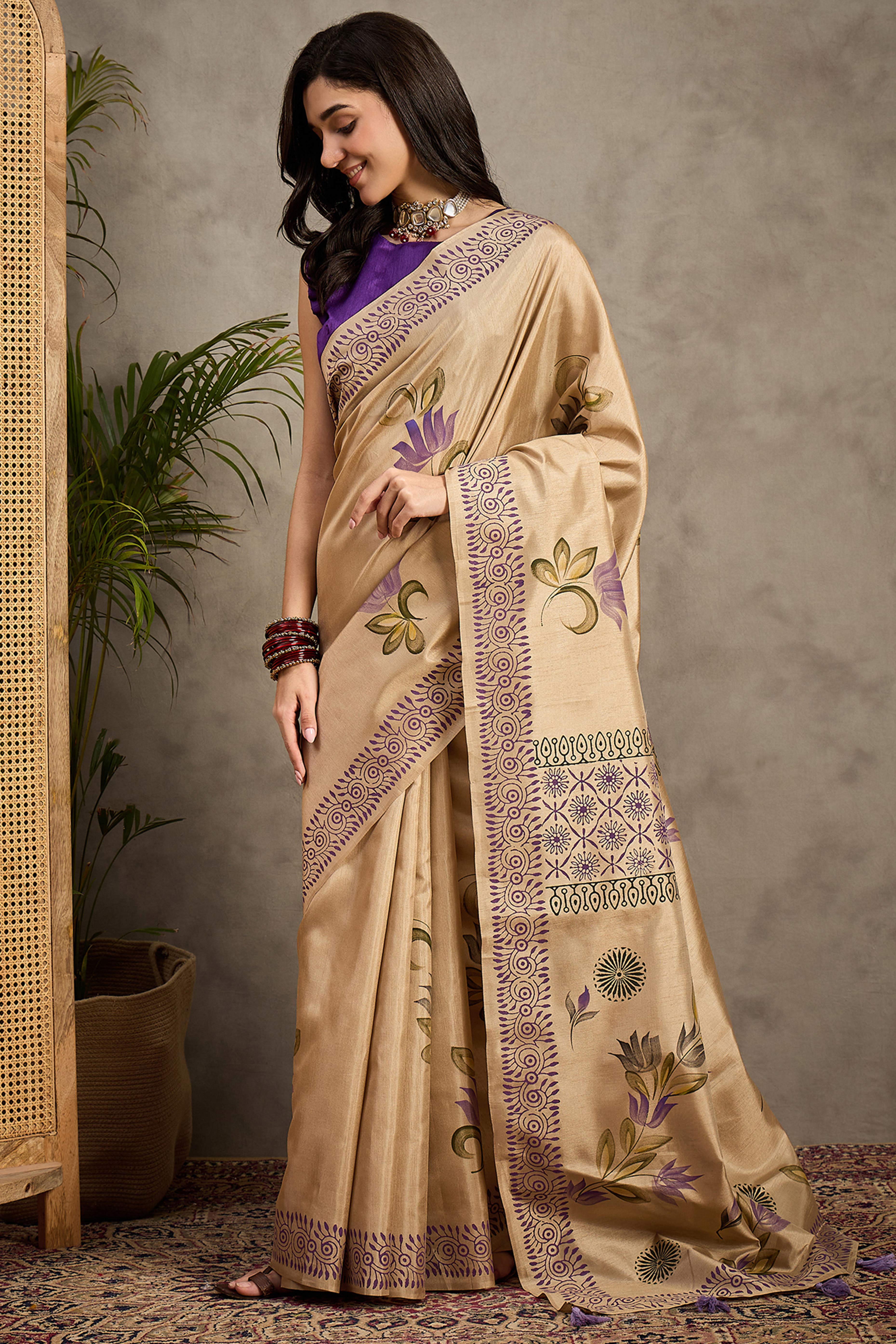 Timeless Beige Floral Printed Kozi Cotton Silk Saree Enhanced With Playful Tassel Pallu