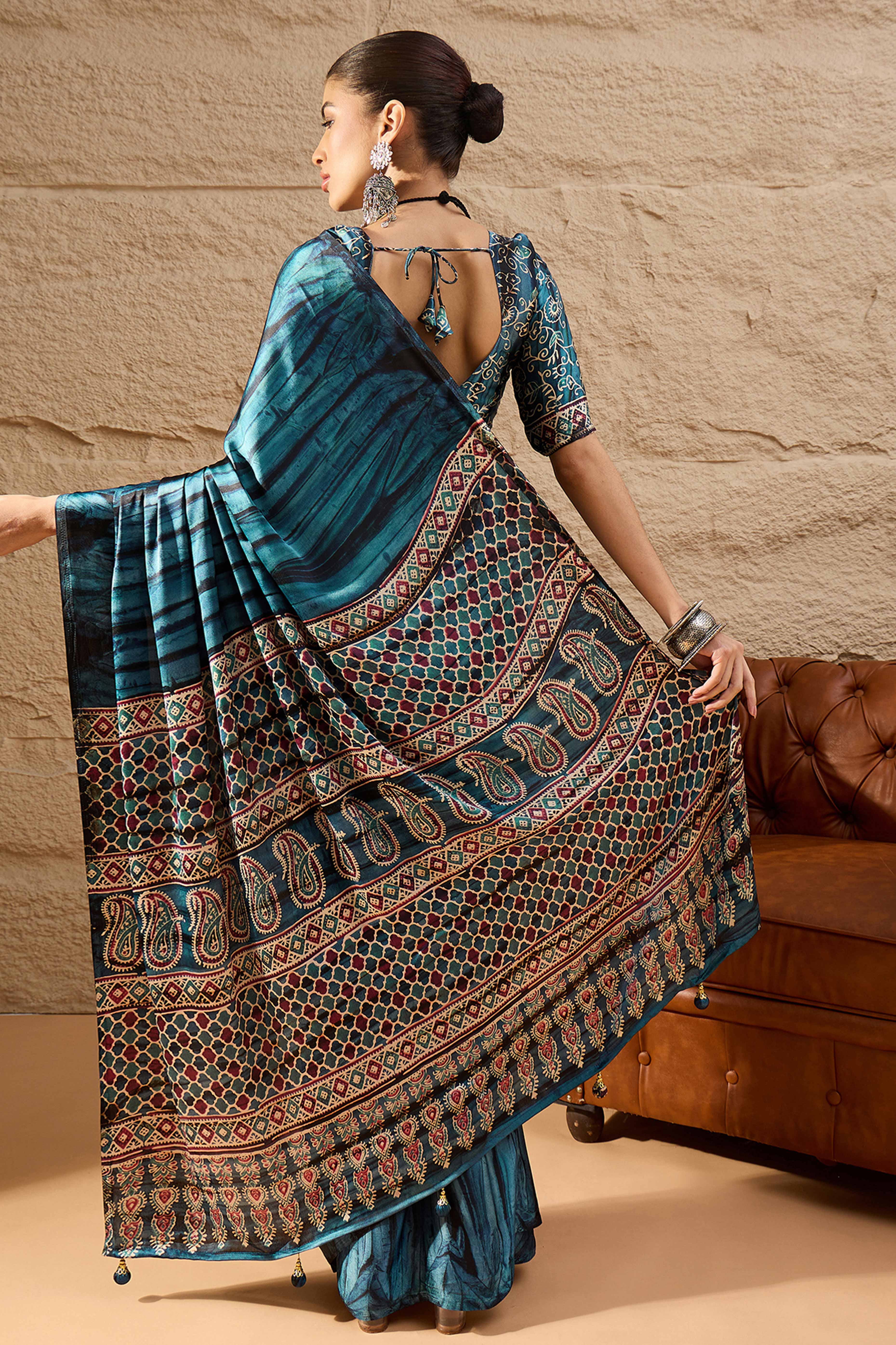 Ajrakh Print Dark Teal Satin Saree with Ethnic Appeal