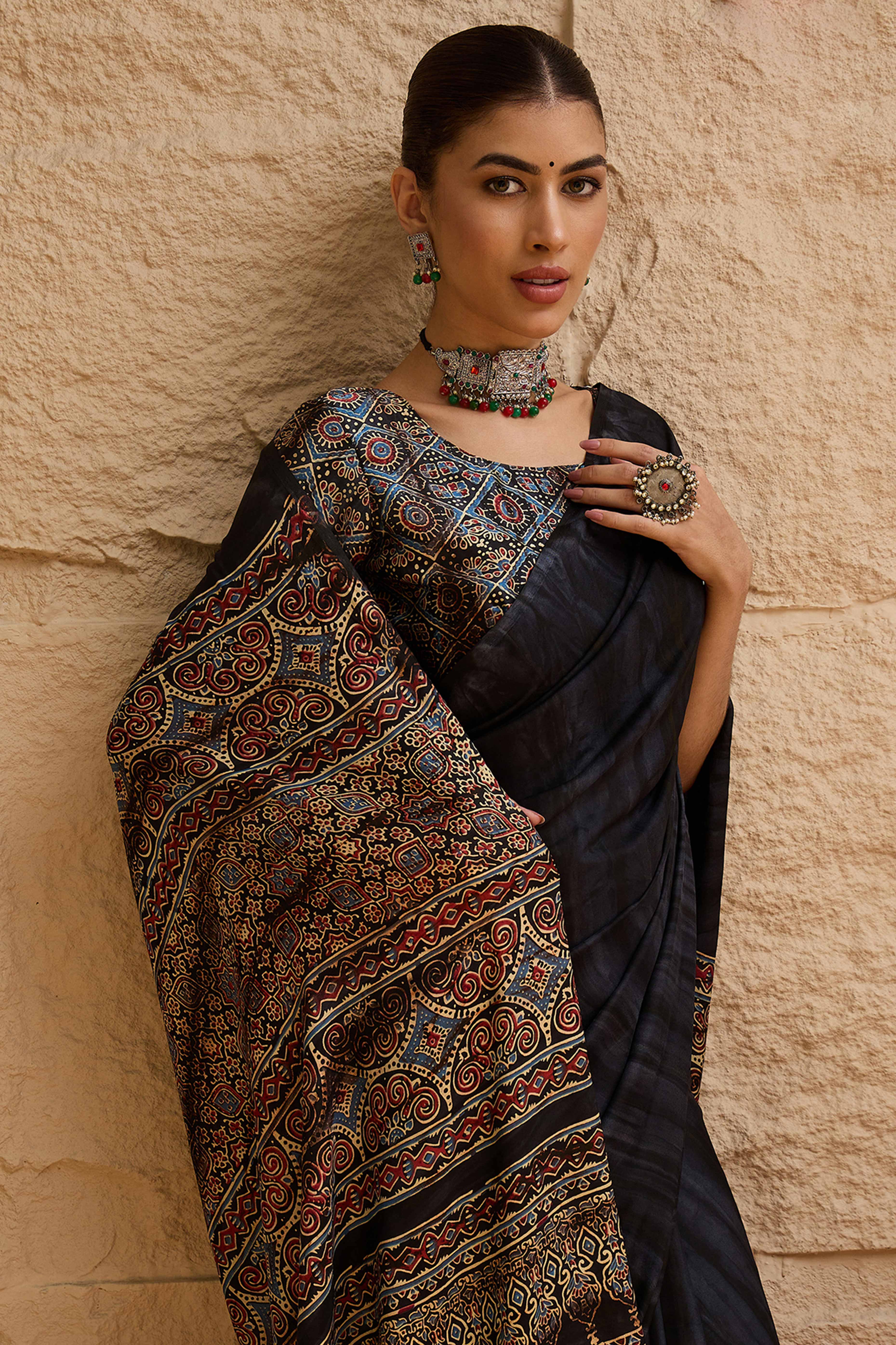 Ajrakh Print Black Satin Saree with Ethnic Appeal