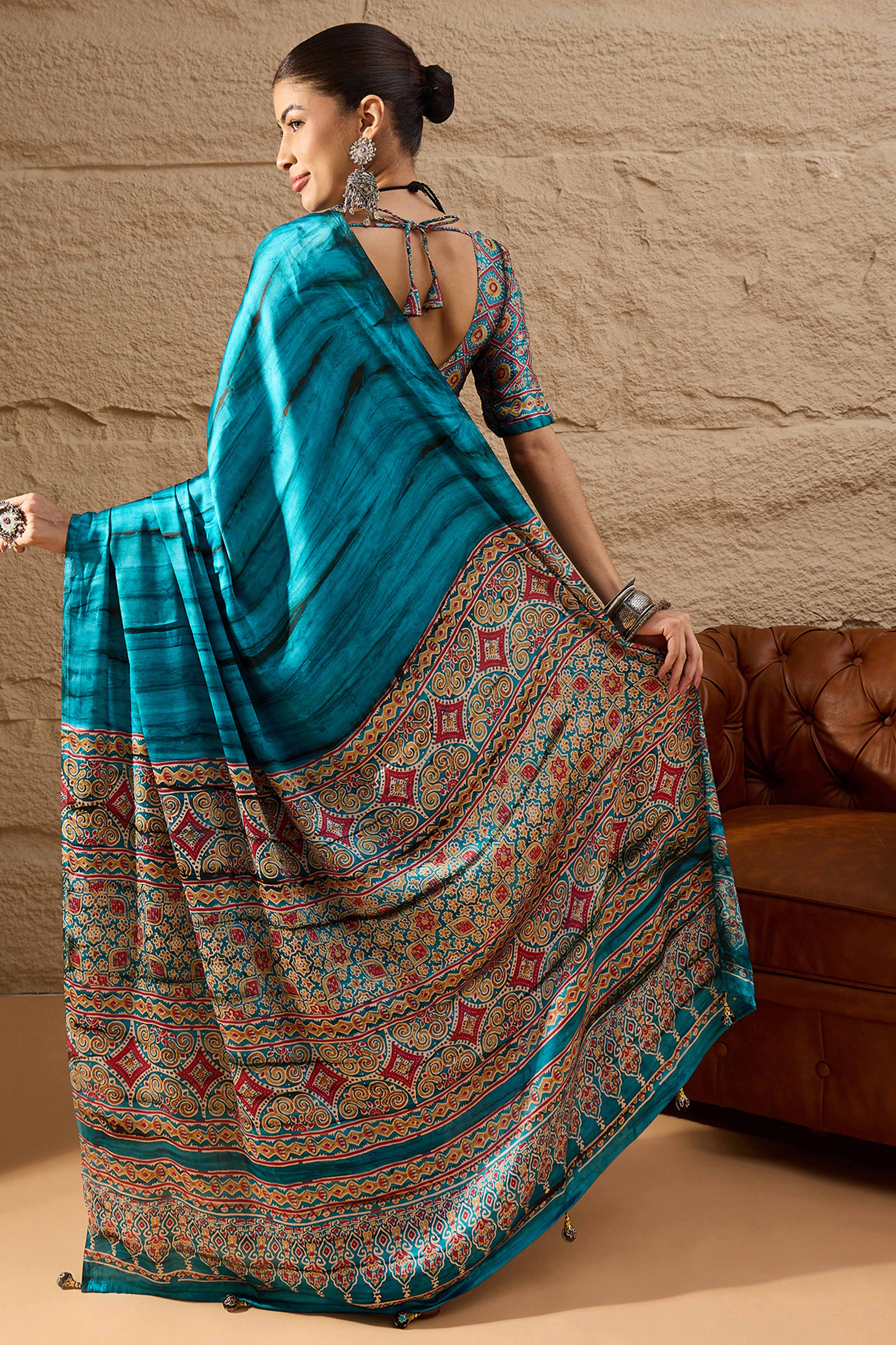 Ajrakh Print Teal Satin Saree with Ethnic Appeal