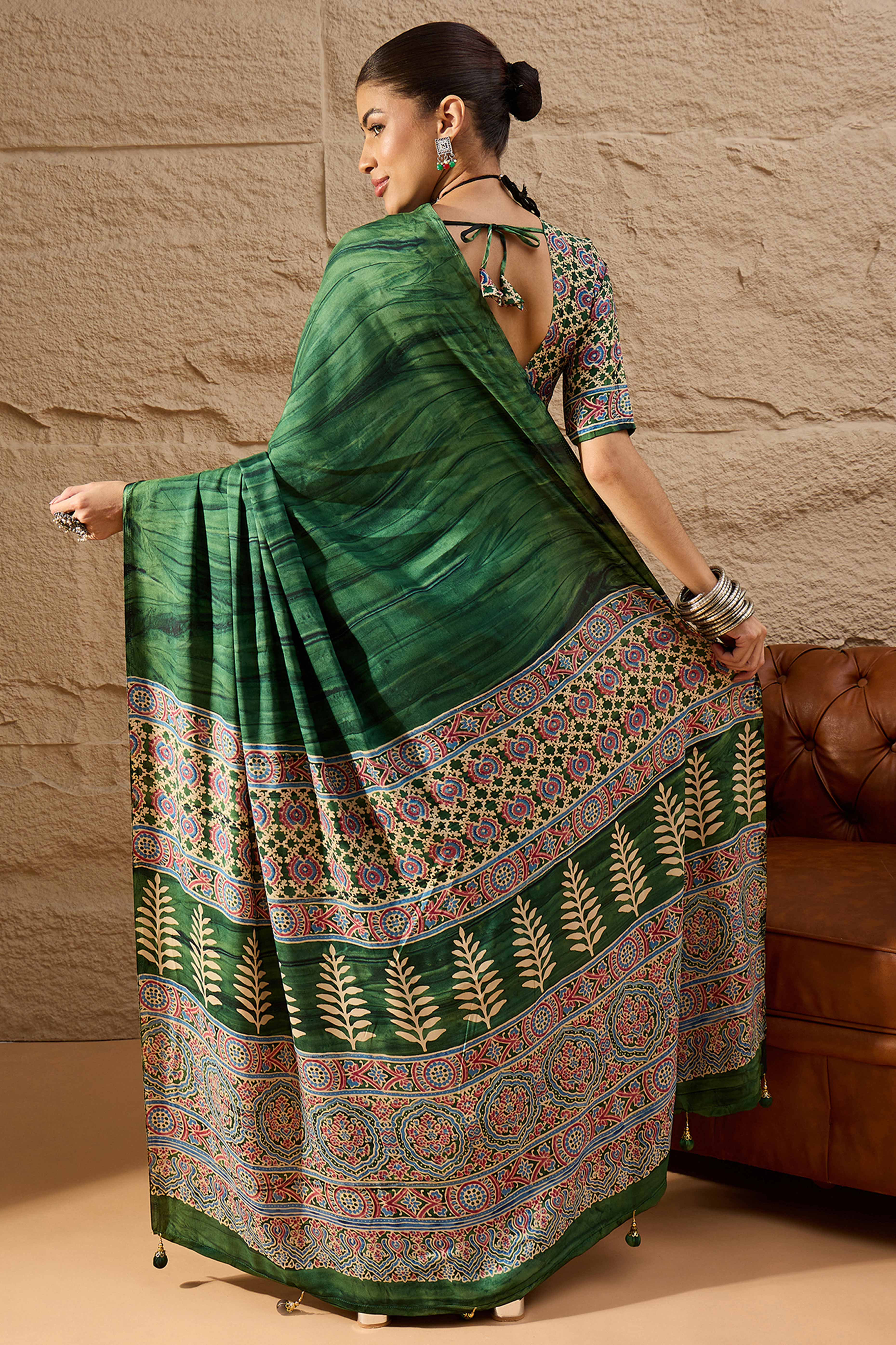 Ajrakh Print Green Satin Saree with Ethnic Appeal