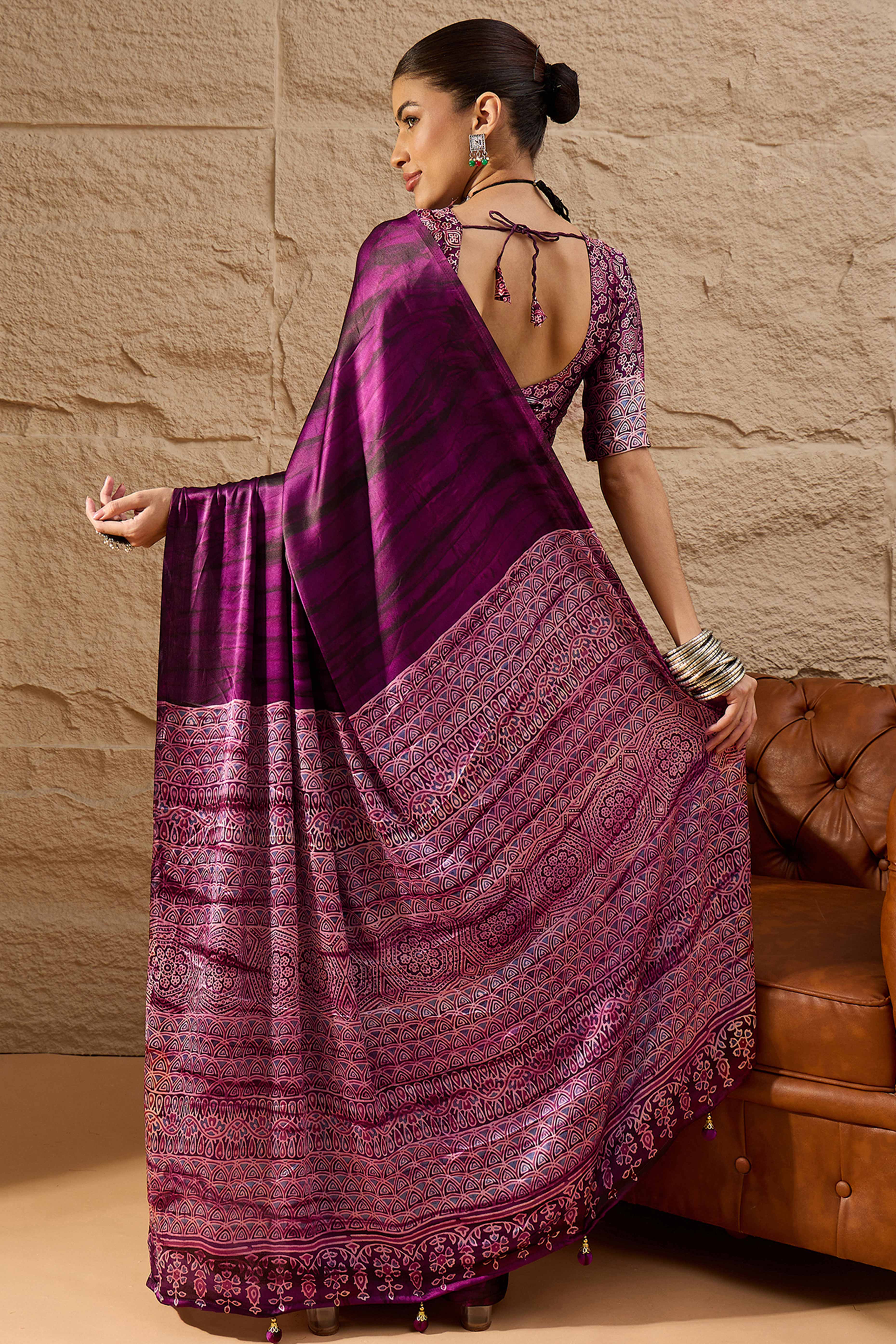Ajrakh Print Purple Satin Saree with Ethnic Appeal