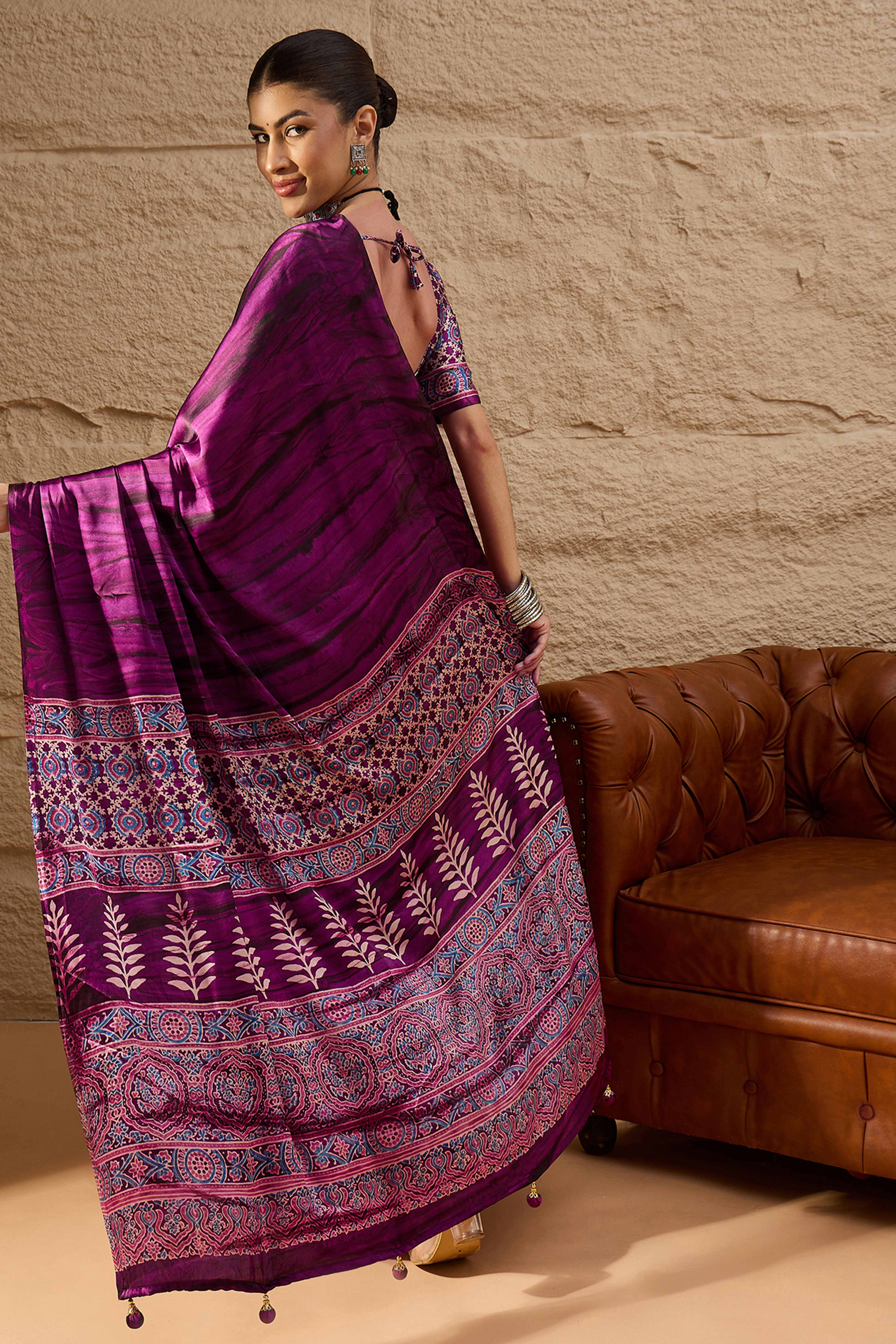Ajrakh Print on Pallu Purple Satin Saree with Ethnic Appeal