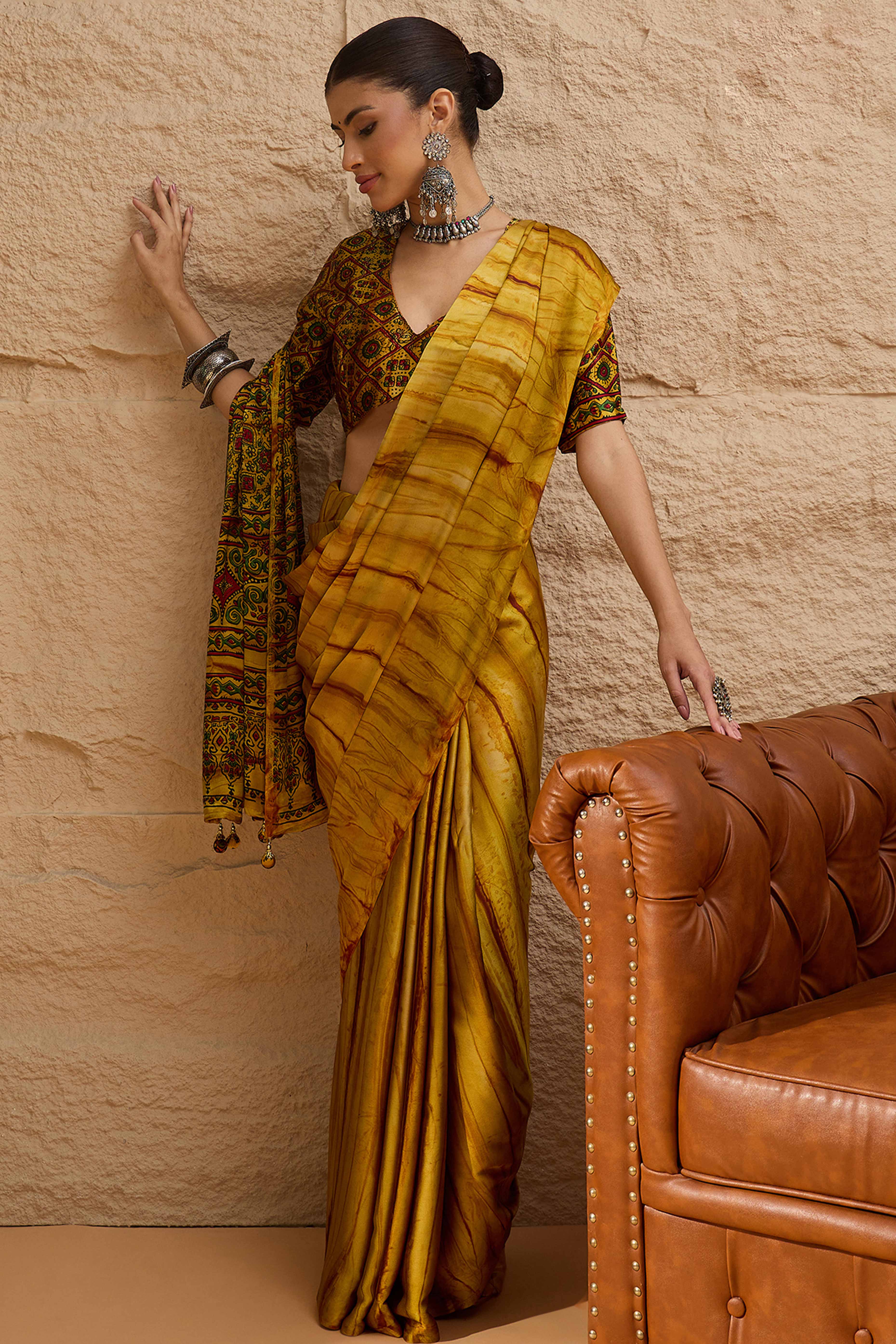 Ajrakh Print Mustard Satin Saree with Ethnic Appeal