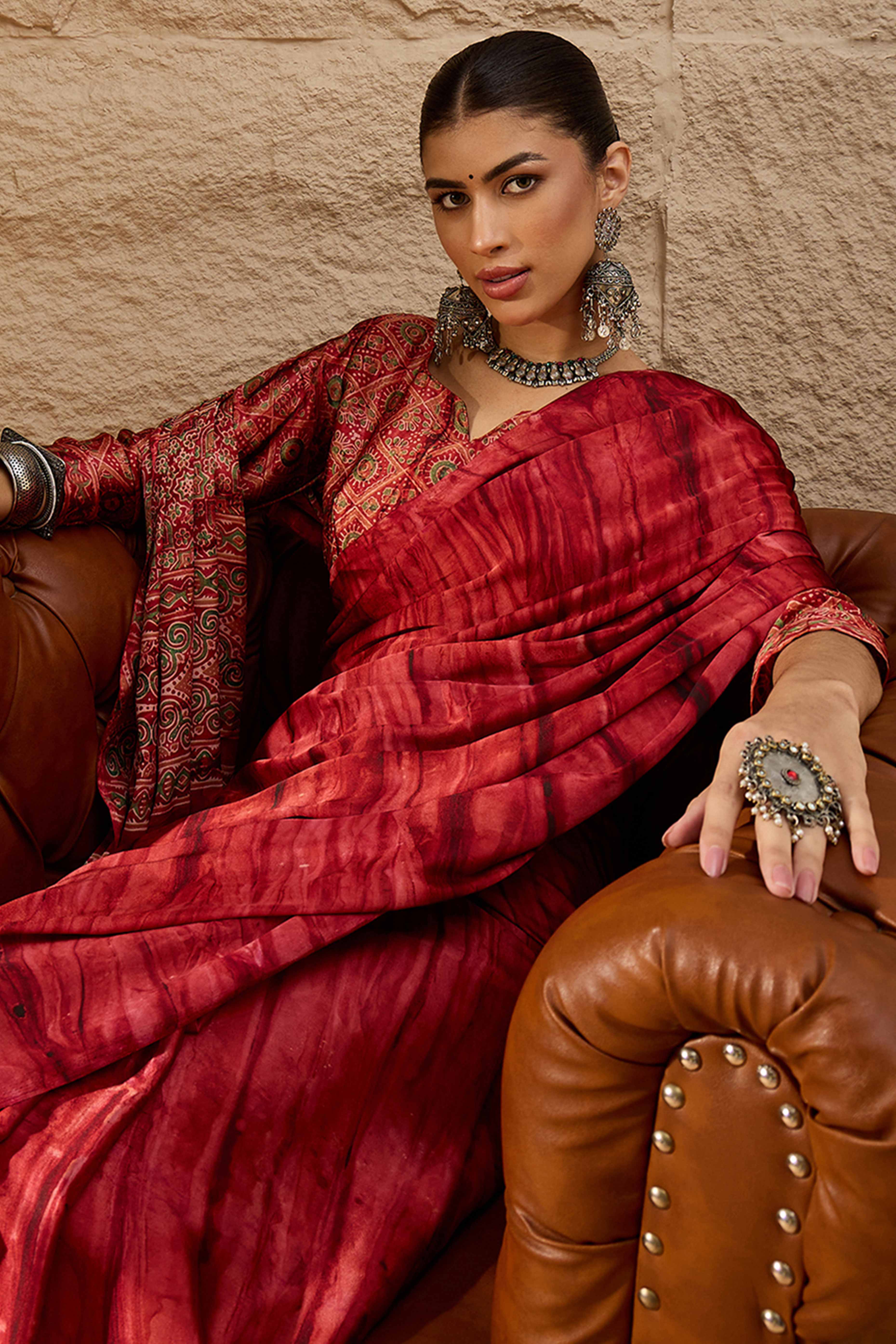 Ajrakh Print Red Satin Saree with Ethnic Appeal