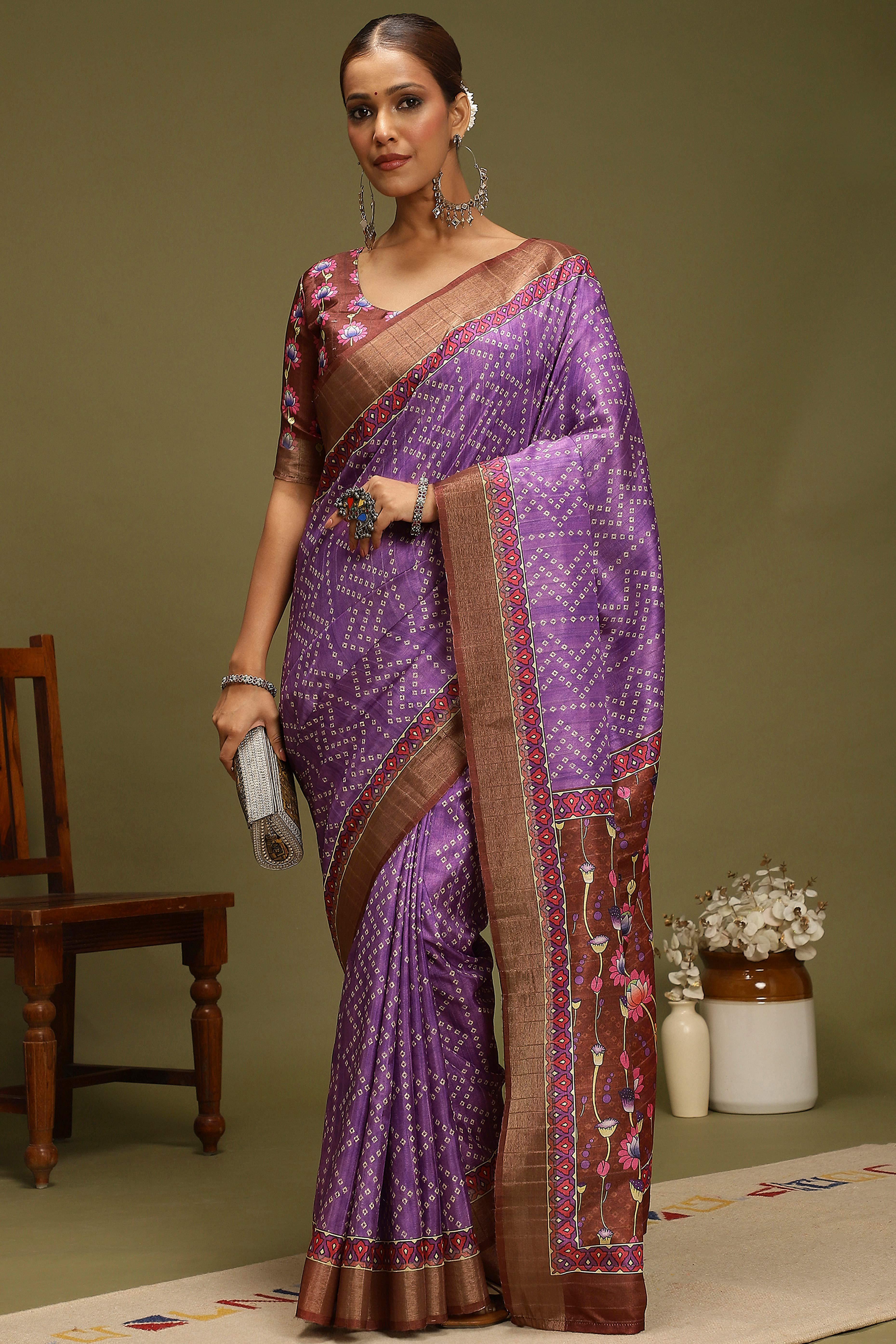 Purple Silk Blend Saree Decorated with Vibrant Bandhani Prints and Festive Detailing