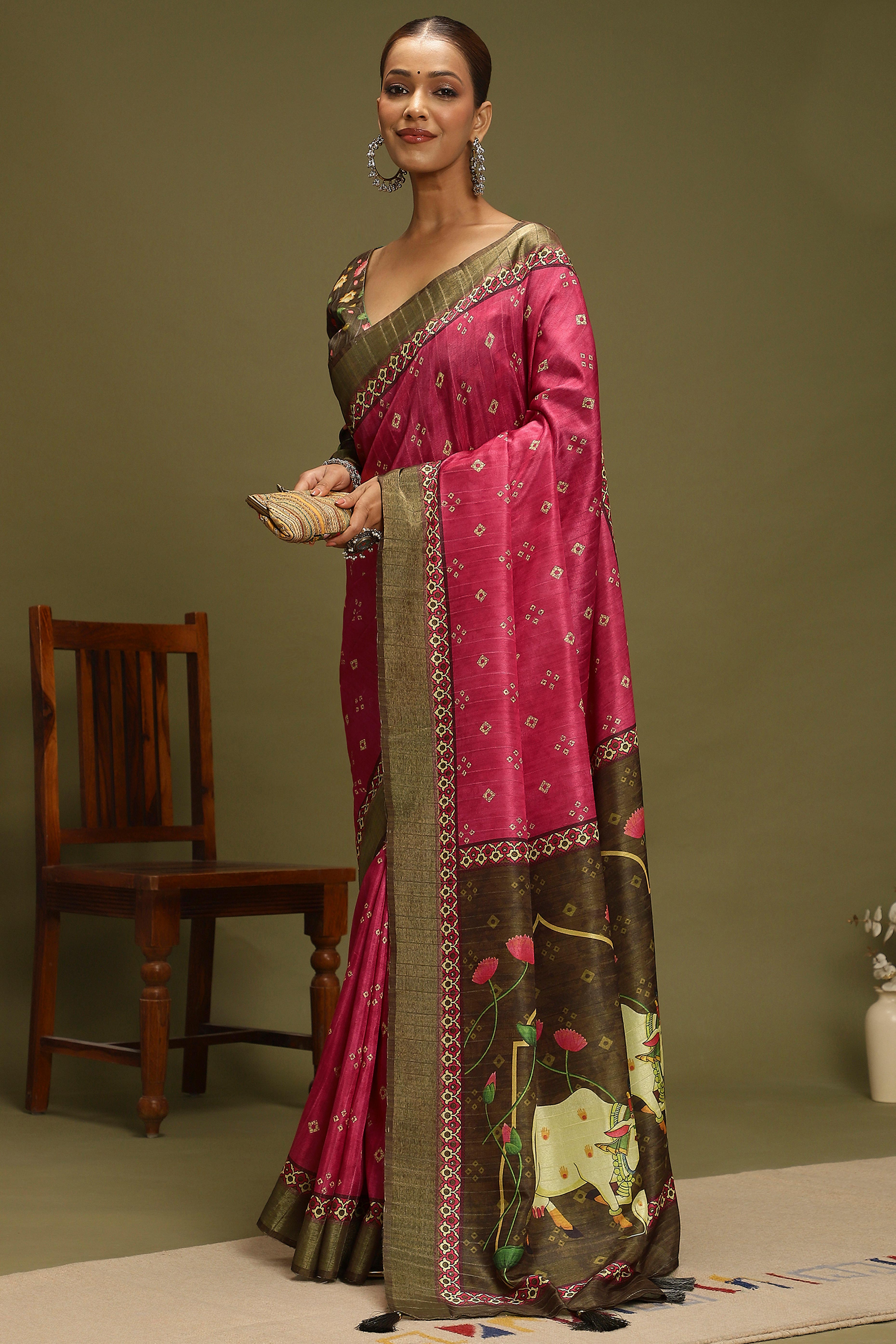 Dark Pink Silk Blend Saree Decorated with Vibrant Bandhani Prints and Festive Detailing