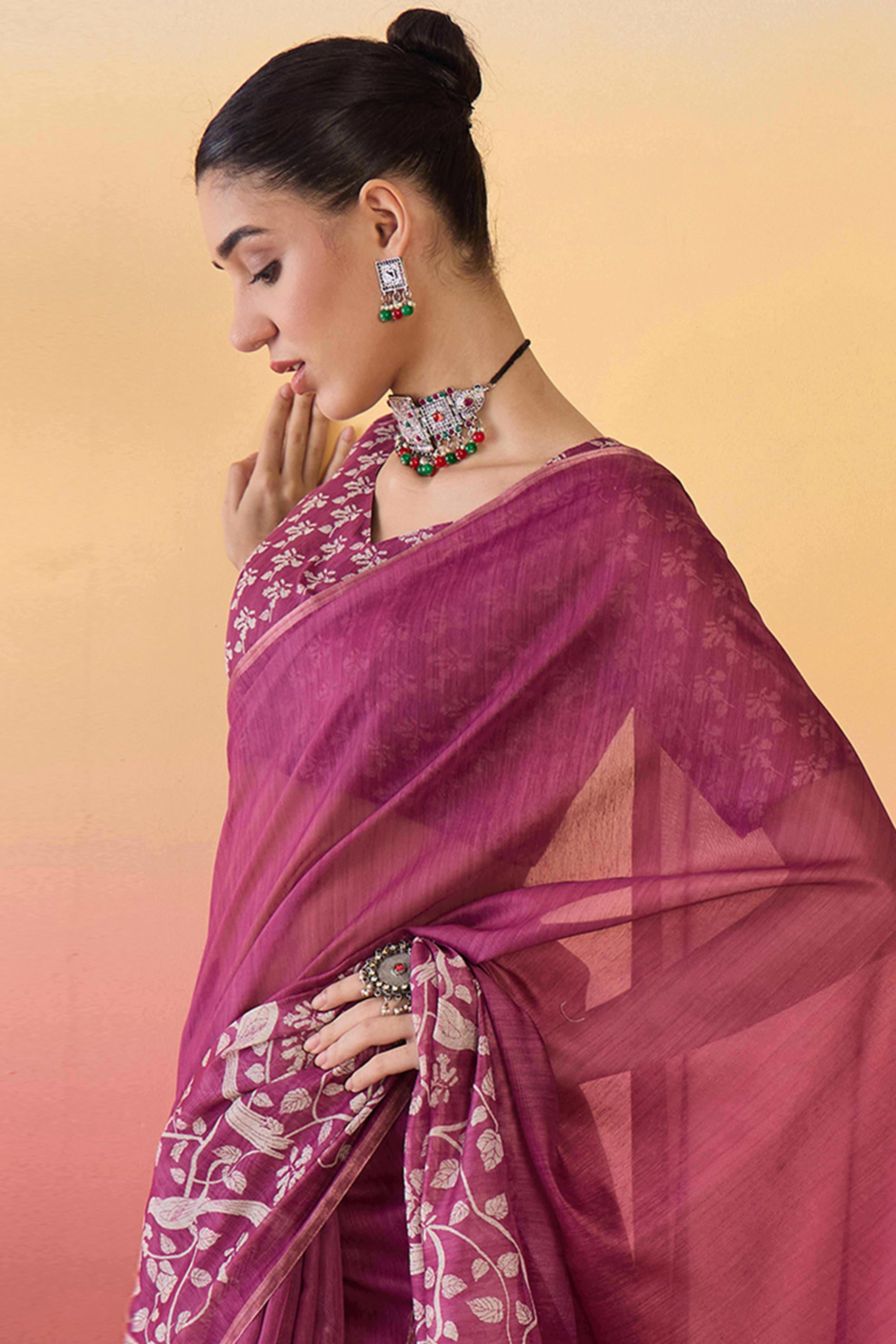 Magenta Linen Cotton Saree Featuring Elegant Floral & Bird Prints With Tassel Pallu