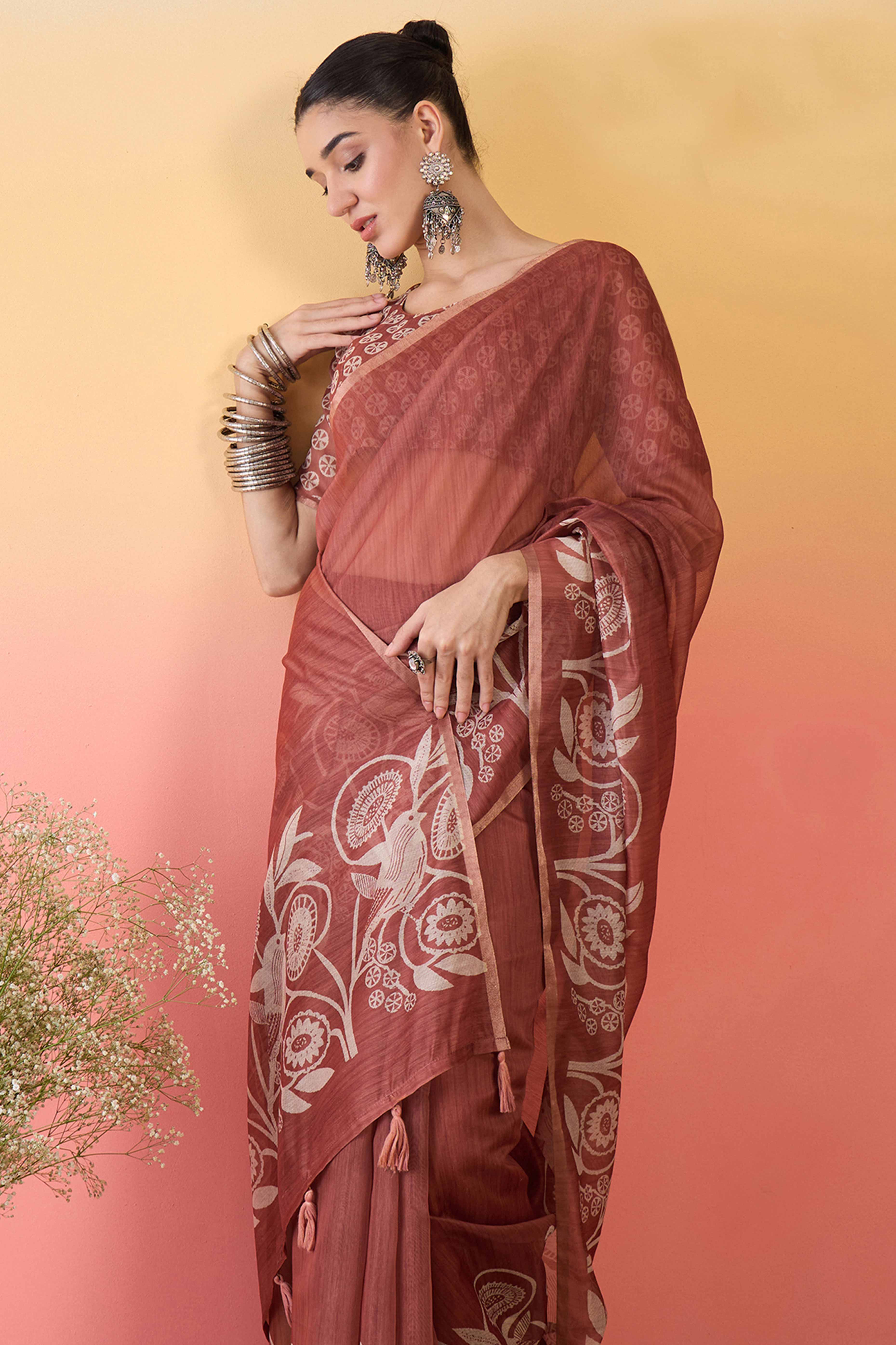 Rust Brown Linen Cotton Saree Featuring Elegant Floral & Bird Prints With Tassel Pallu