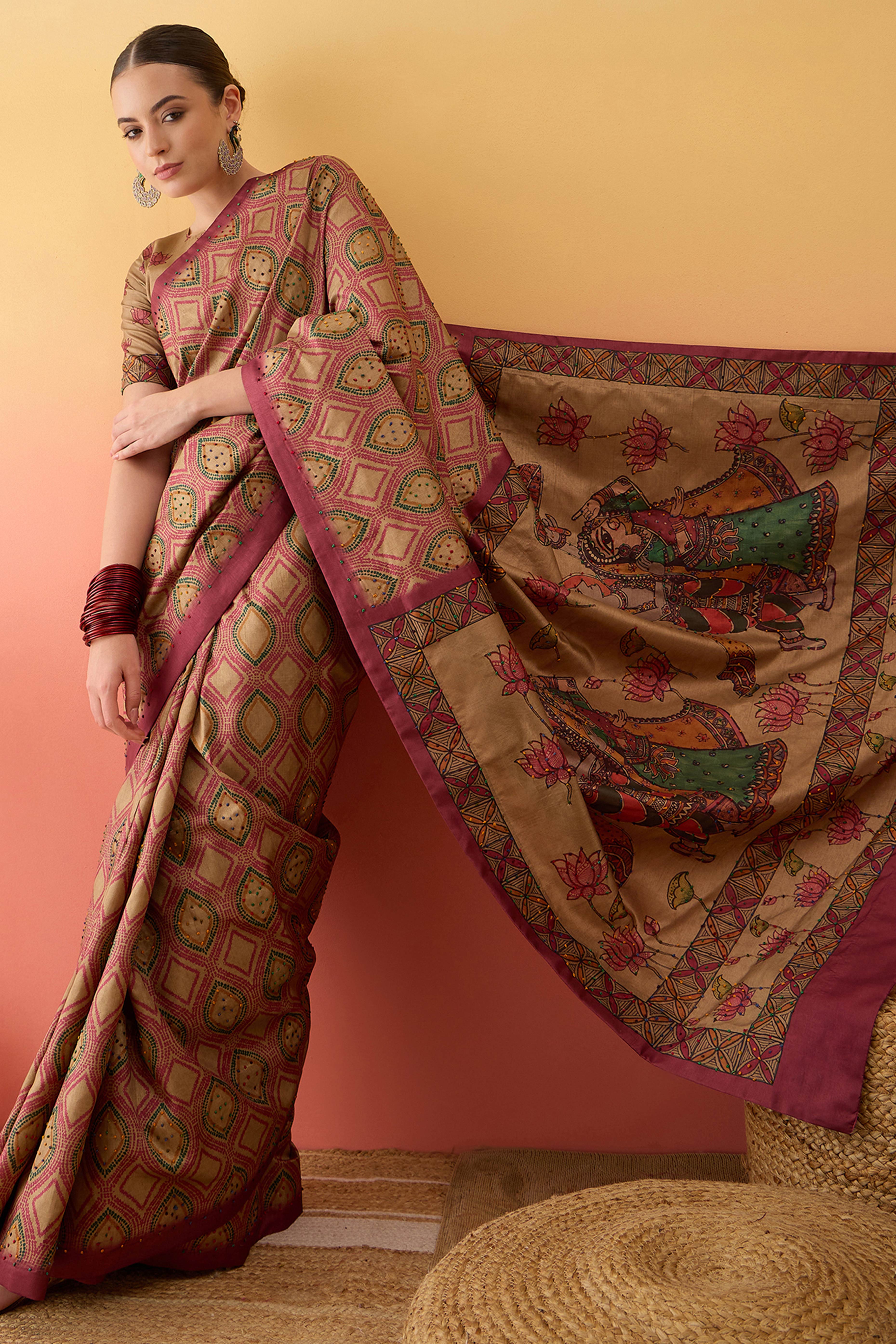 Beige Kalamkari Style Printed Cotton Silk Saree Knot Work Tassels Ethnic Wear