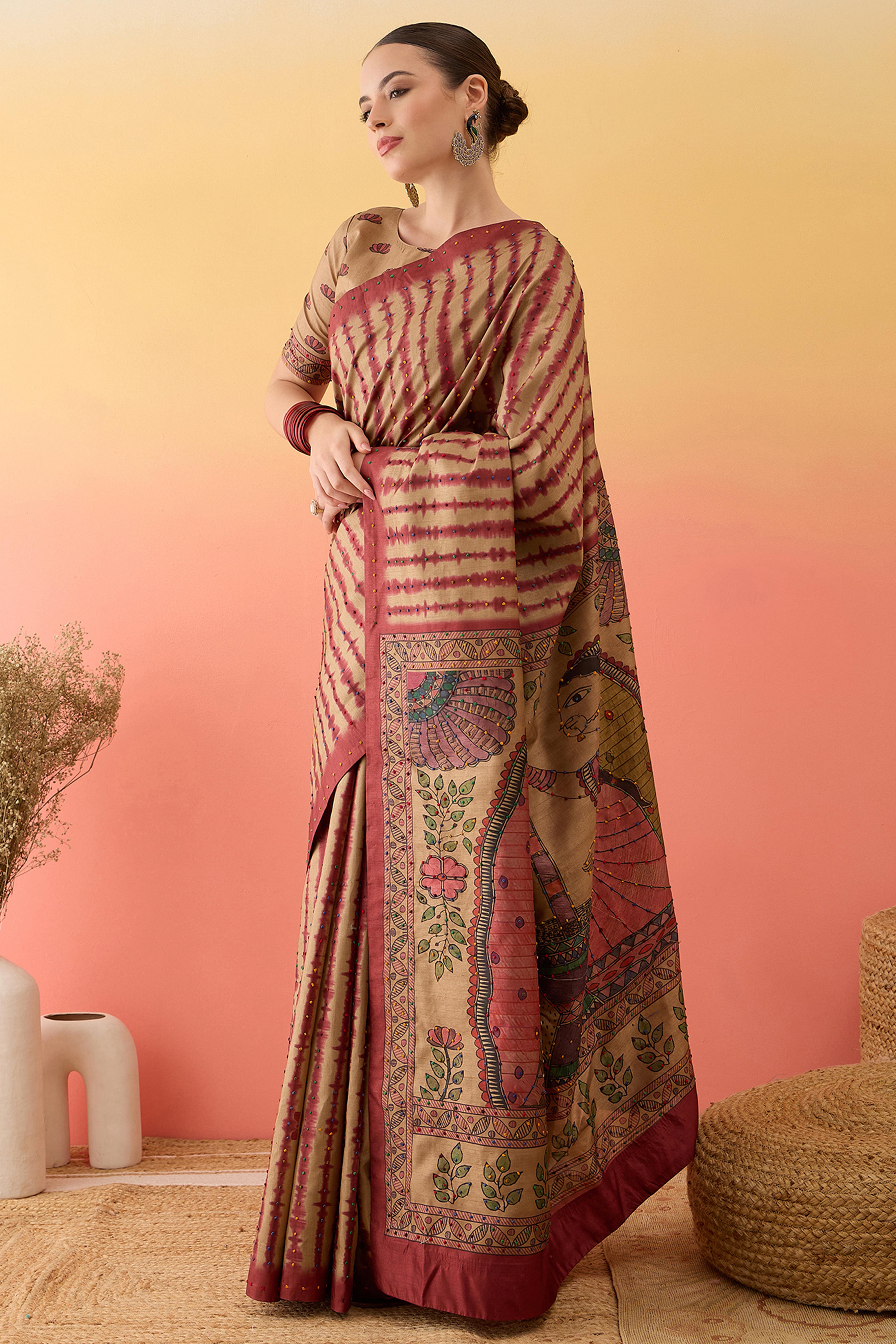 Beige Kalamkari Style Cotton Silk Saree Flowy Drape Knot Tassels Festive Wear