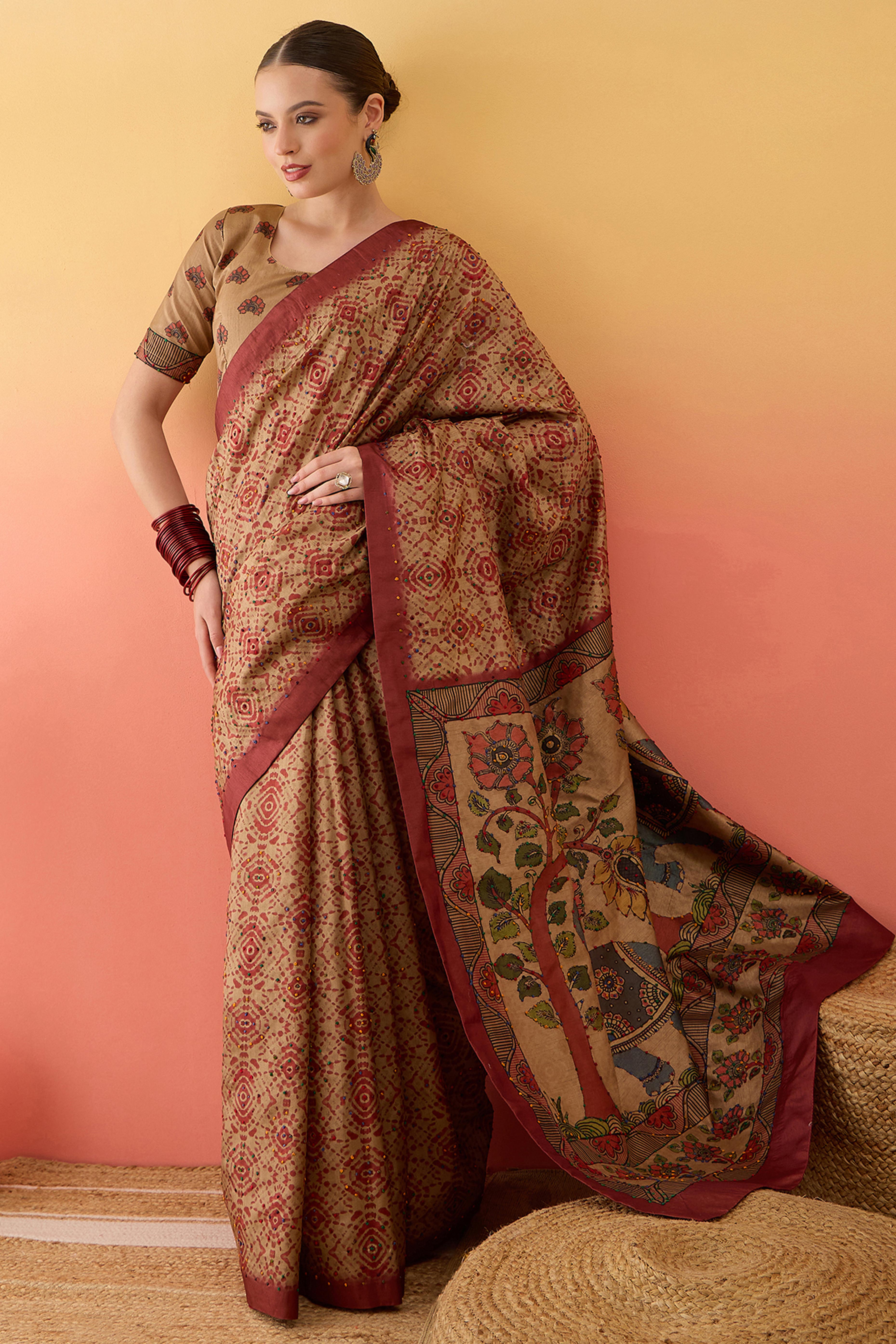 Beige Kalamkari Style Cotton Silk Saree Handcrafted Knot Work Border Ethnic Sophistication