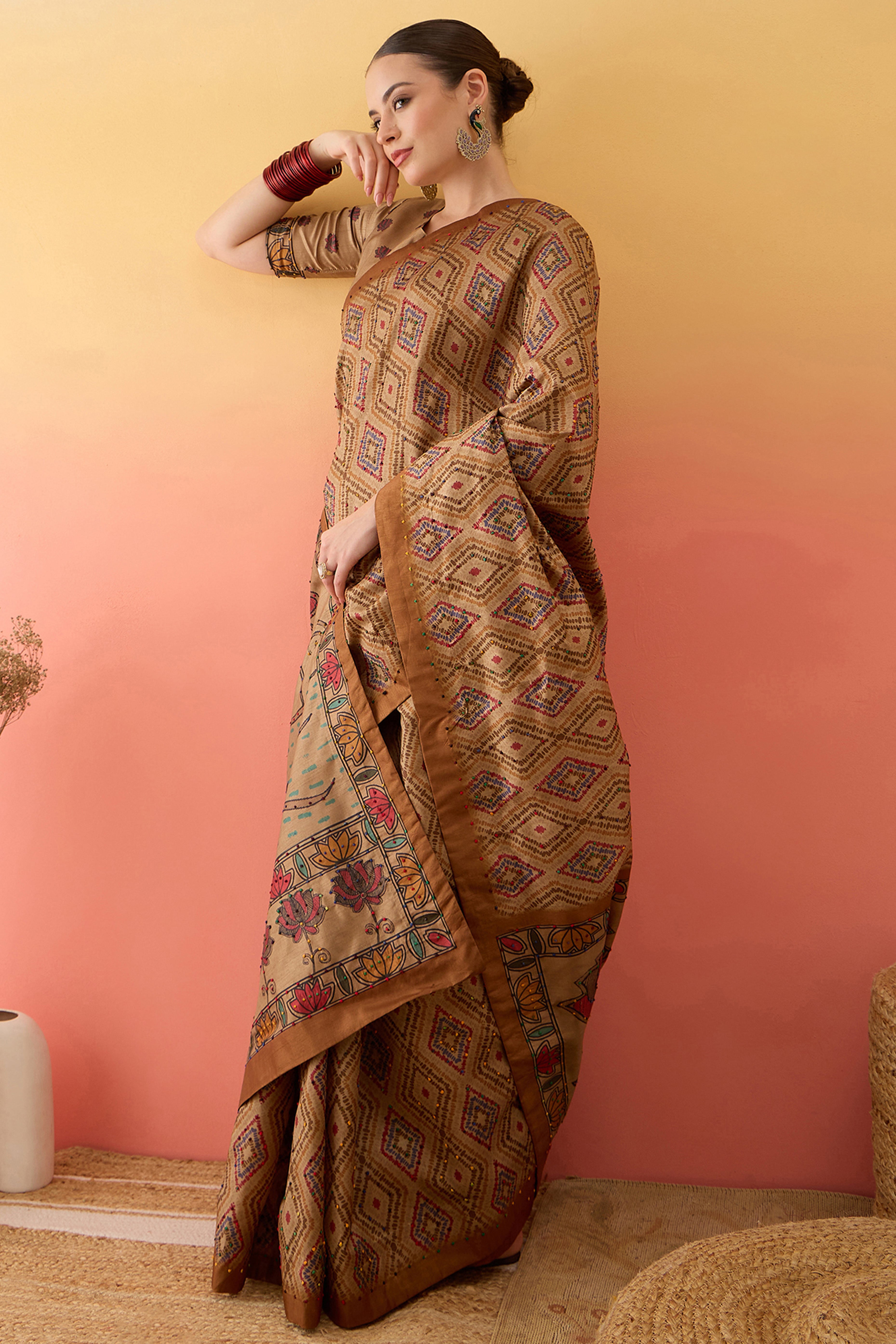 Beige Kalamkari Inspired Printed Cotton Silk Saree Intricate Knot Work Ethnic Artistry