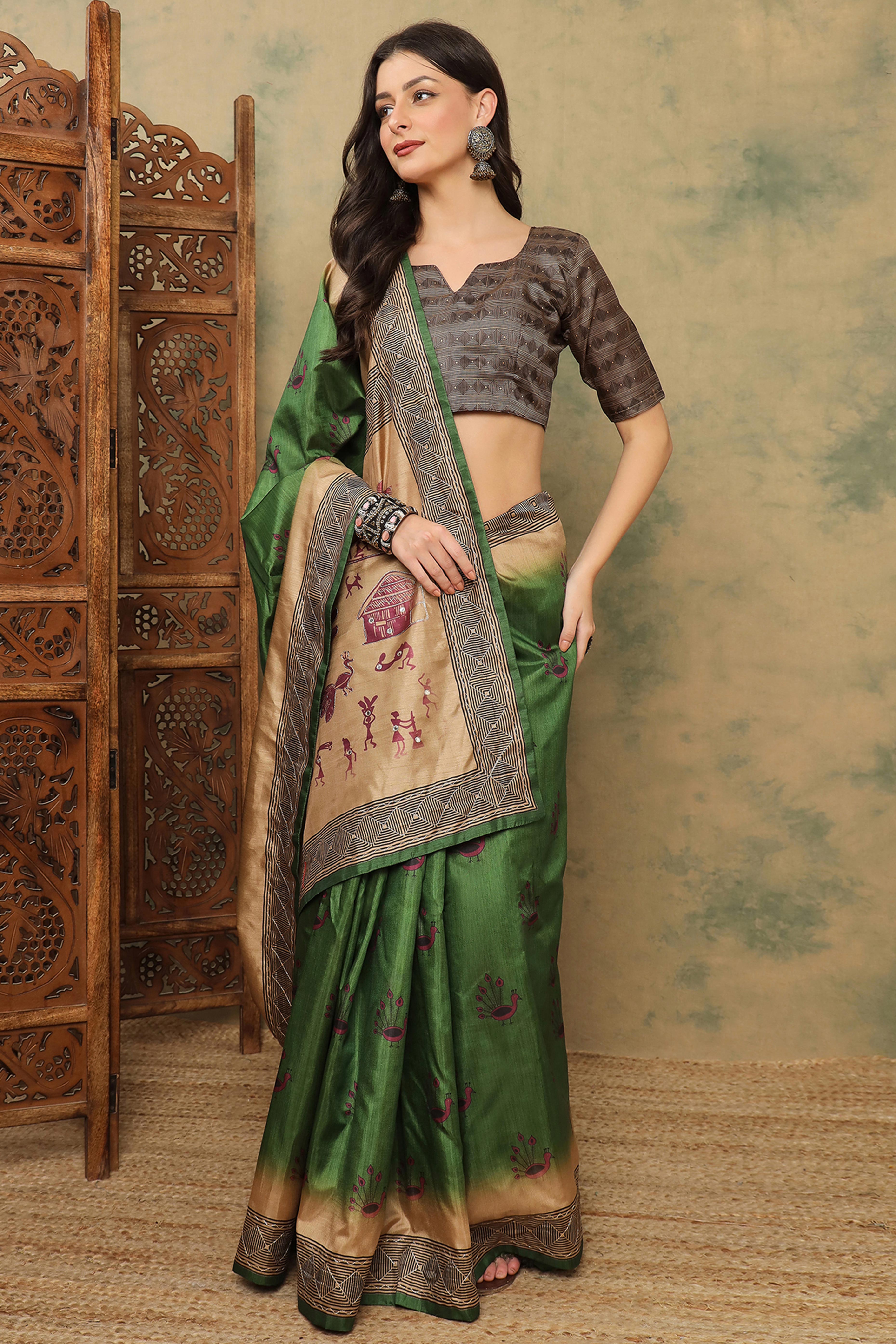Green Warli Folk Art Printed Cotton Silk Saree Flowy Drape Festive Wear