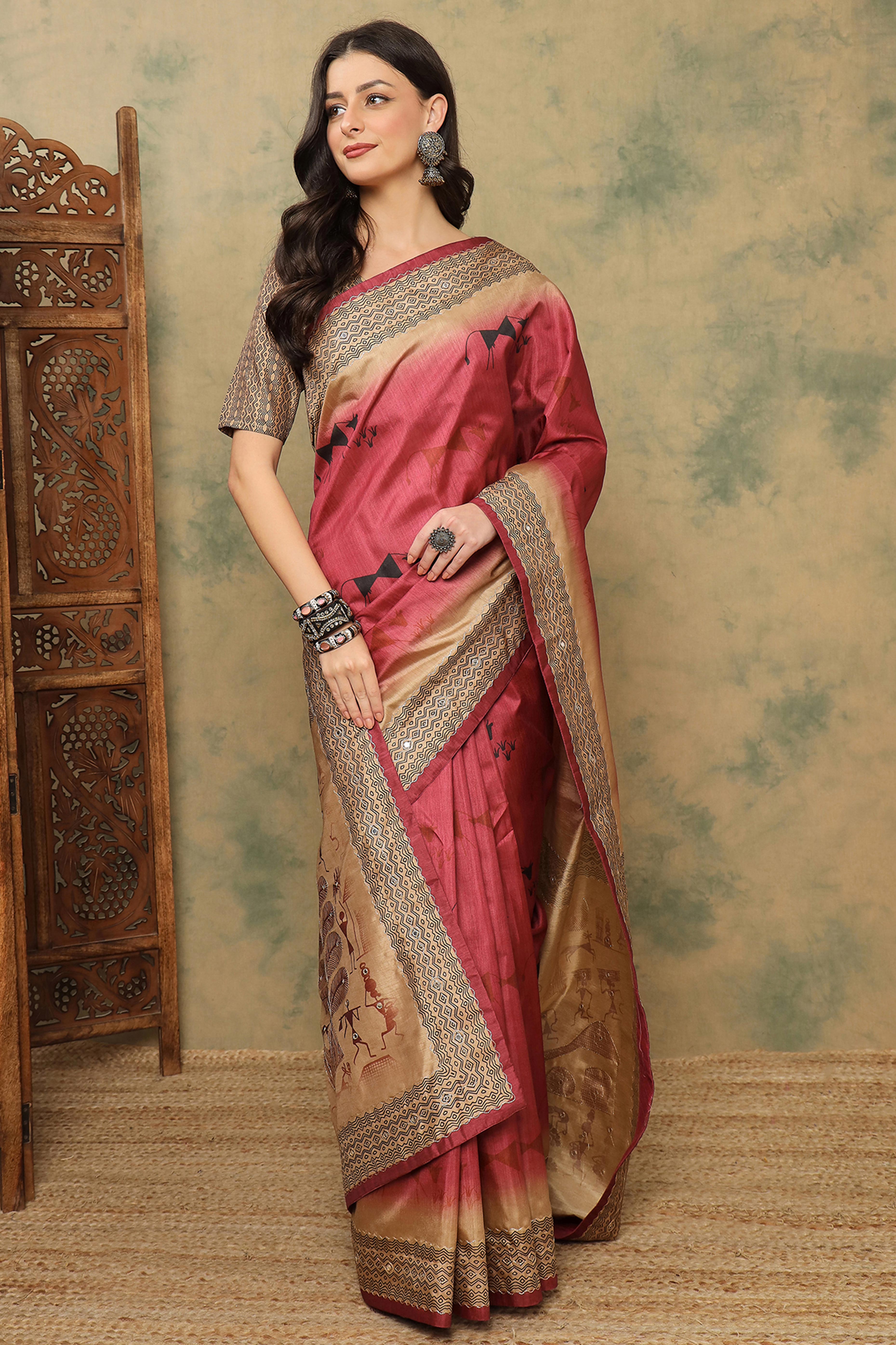 Red Warli Folk Art Printed Cotton Silk Saree Flowy Drape Festive Wear