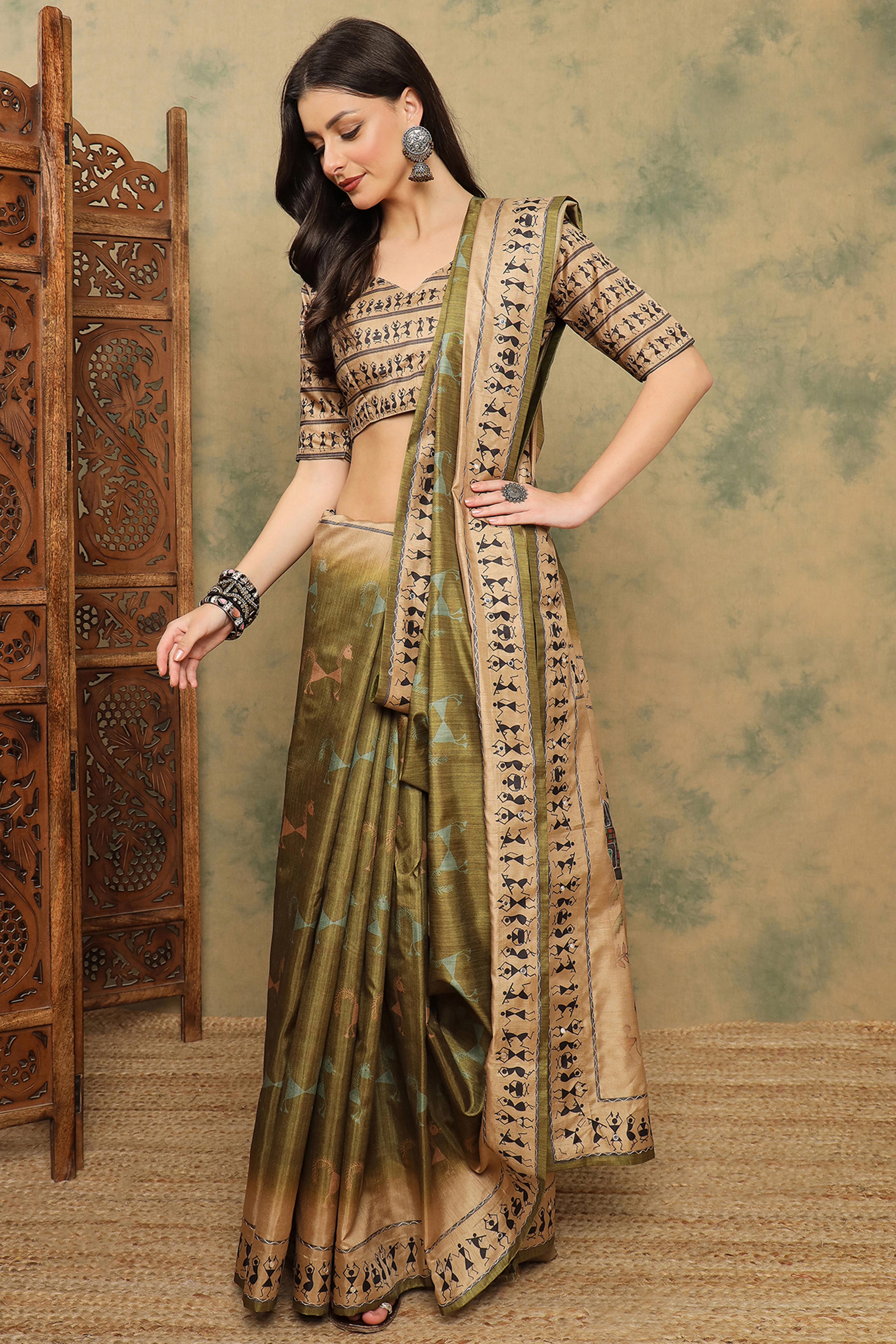 Green Traditional Warli Motifs Cotton Silk Saree Lightweight Ethnic Elegance