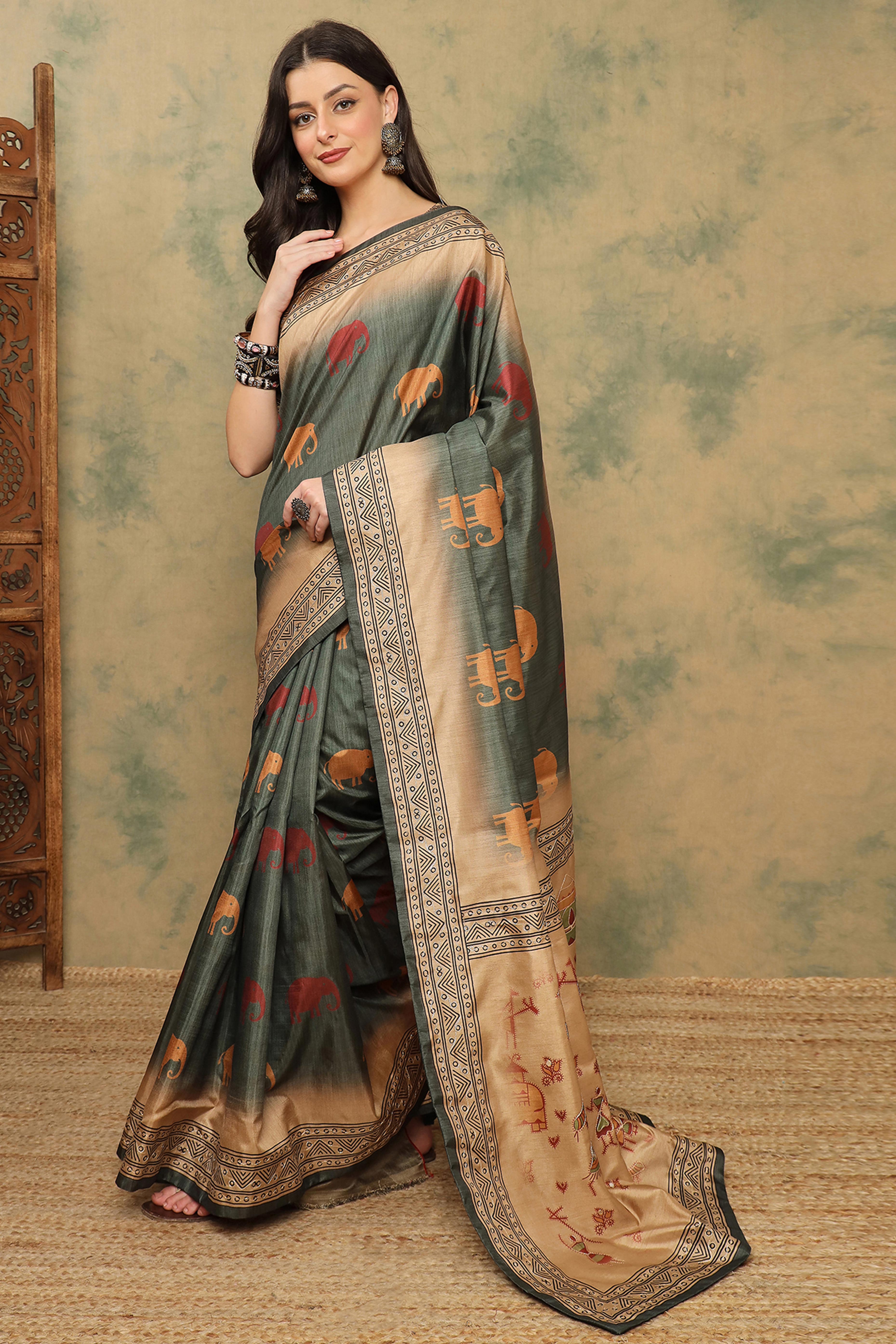 Greyish Green Warli Folk Art Printed Cotton Silk Saree Flowy Drape Festive Wear