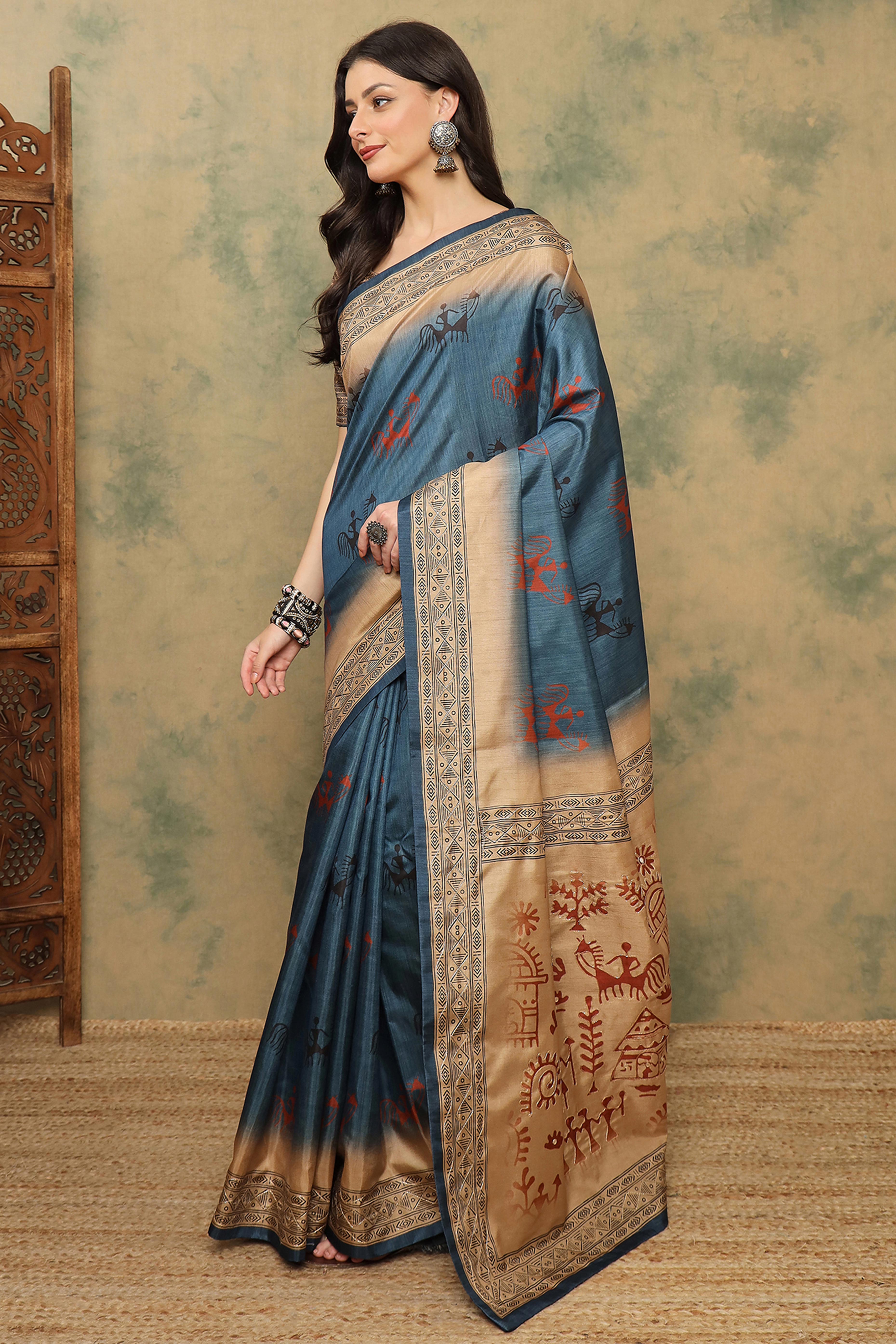 Blue Warli Folk Art Printed Cotton Silk Saree Flowy Drape Festive Wear