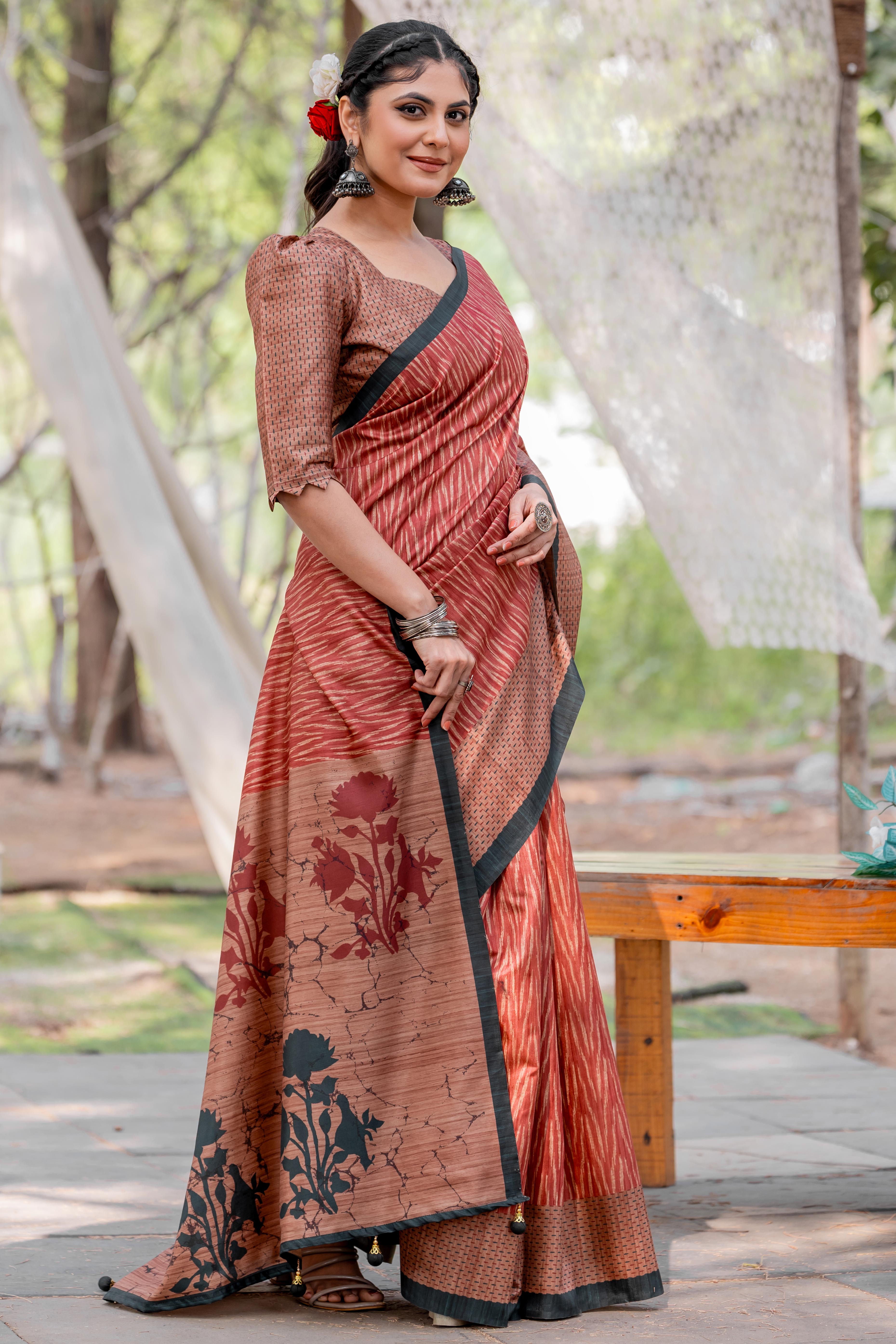 Maroon Kozi Cotton Silk Saree Showcasing Digital Prints and Soft Tassel Edging