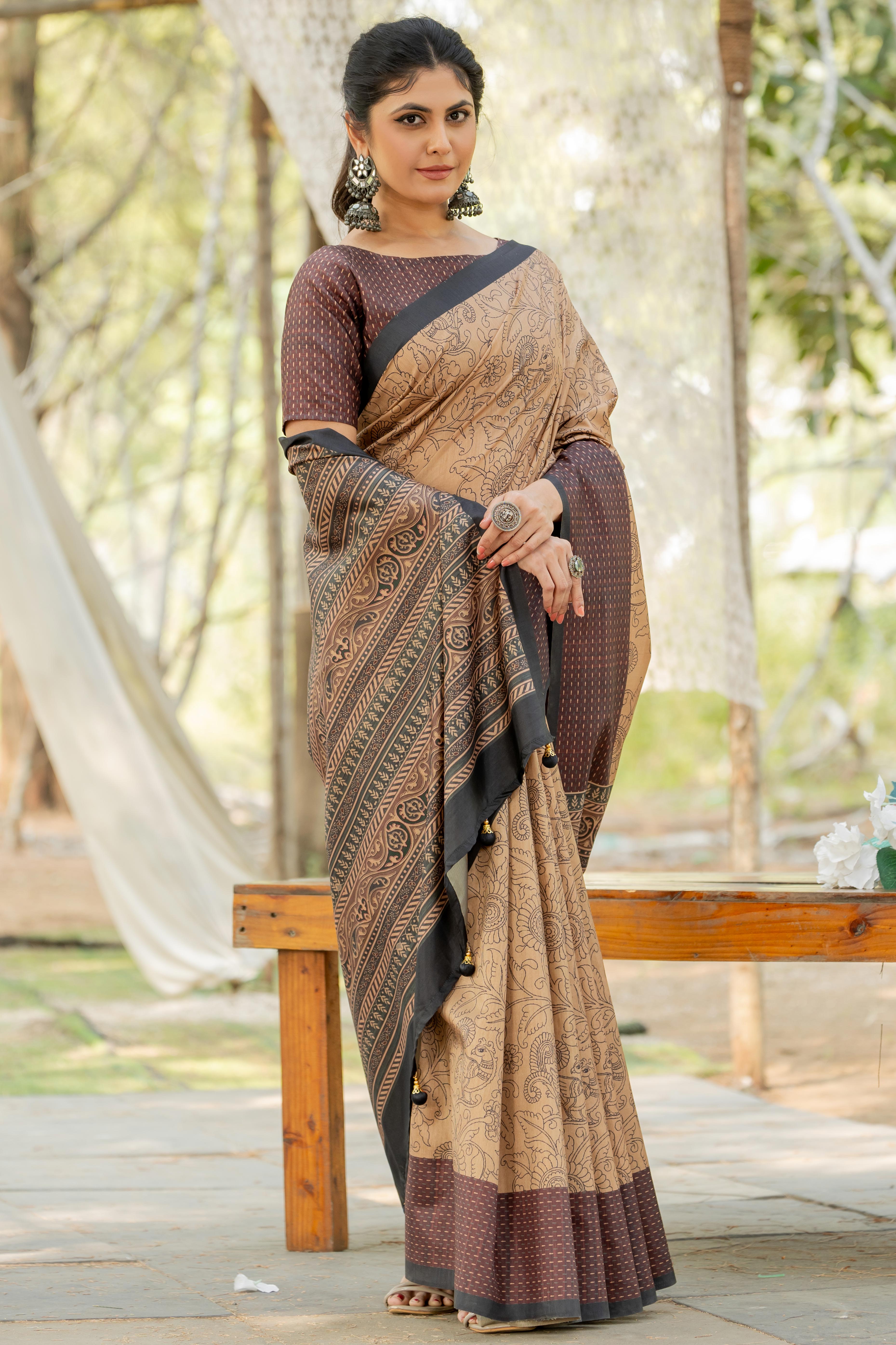 Beige Kozi Cotton Silk Saree Showcasing Digital Prints and Soft Tassel Edging