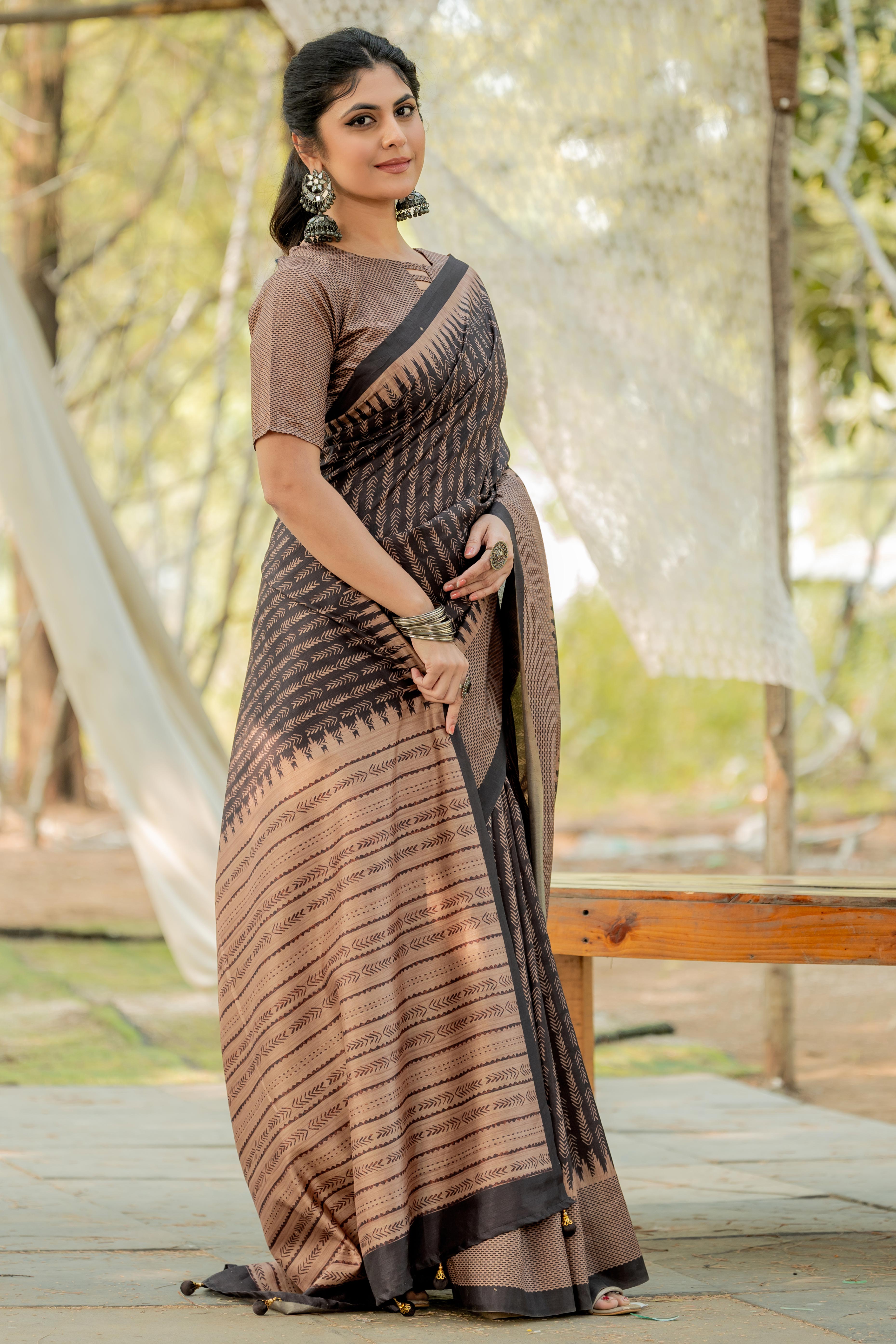Black Kozi Cotton Silk Saree Indicating Digital Prints and Soft Tassel Edging