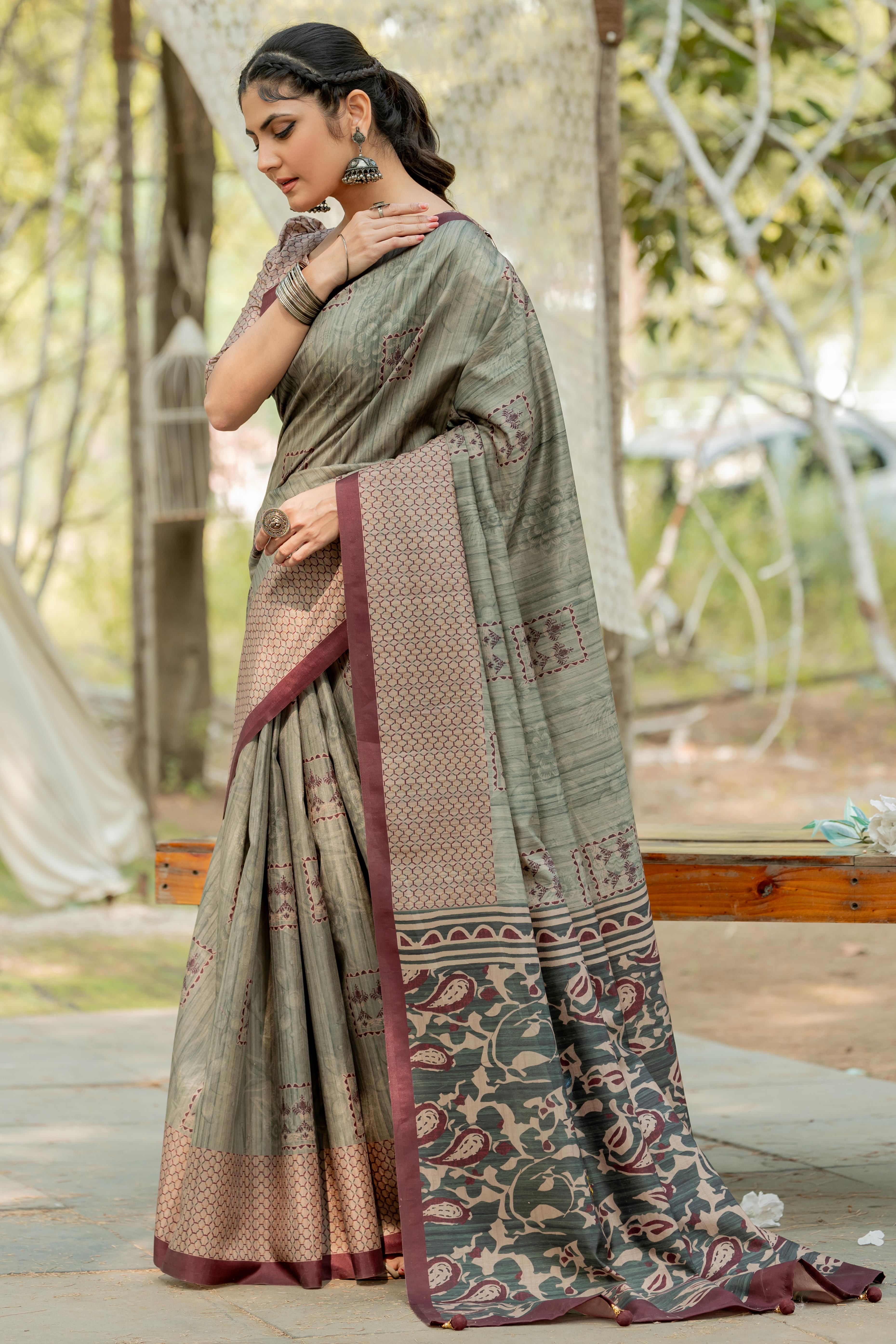 Sage Green Kozi Cotton Silk Saree Showcasing Digital Prints and Soft Tassel Edging