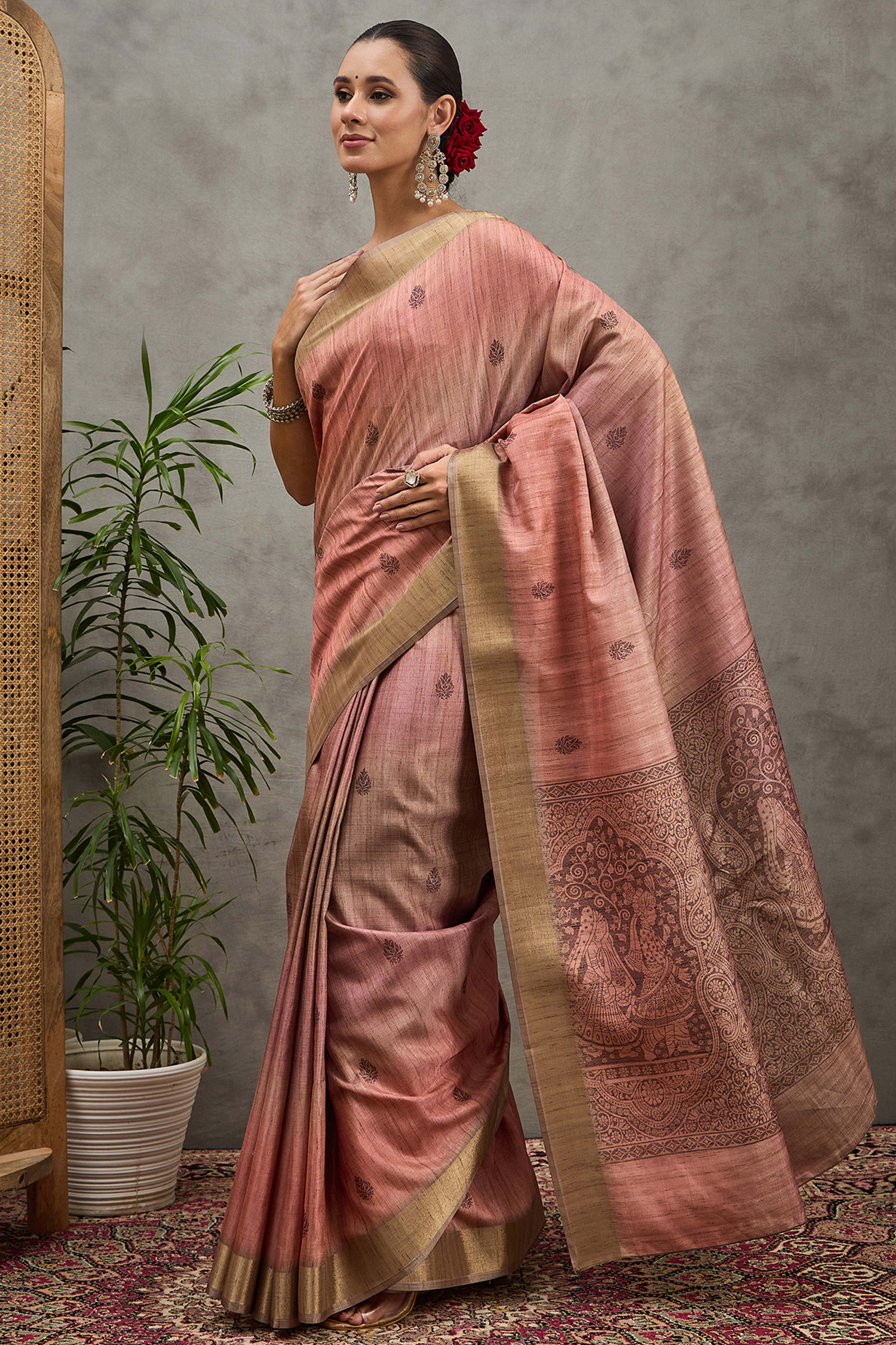 Peach Festive Wear Art Silk Saree Featuring Intricate Floral Weaving