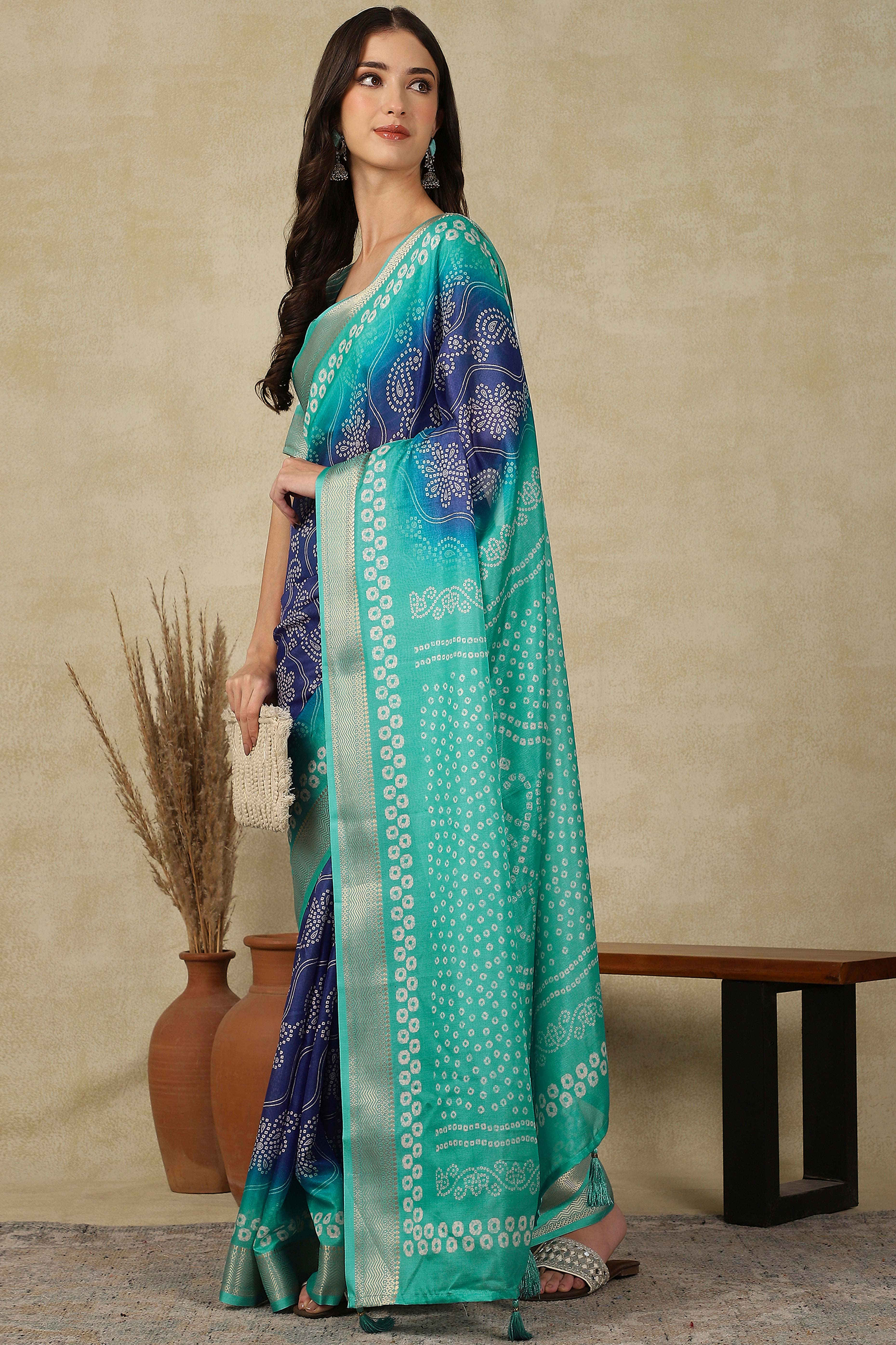 Luxury Blue & Turquoise Bandhani Print Cotton Silk Saree Featuring Weaving Border & Tassel Pallu