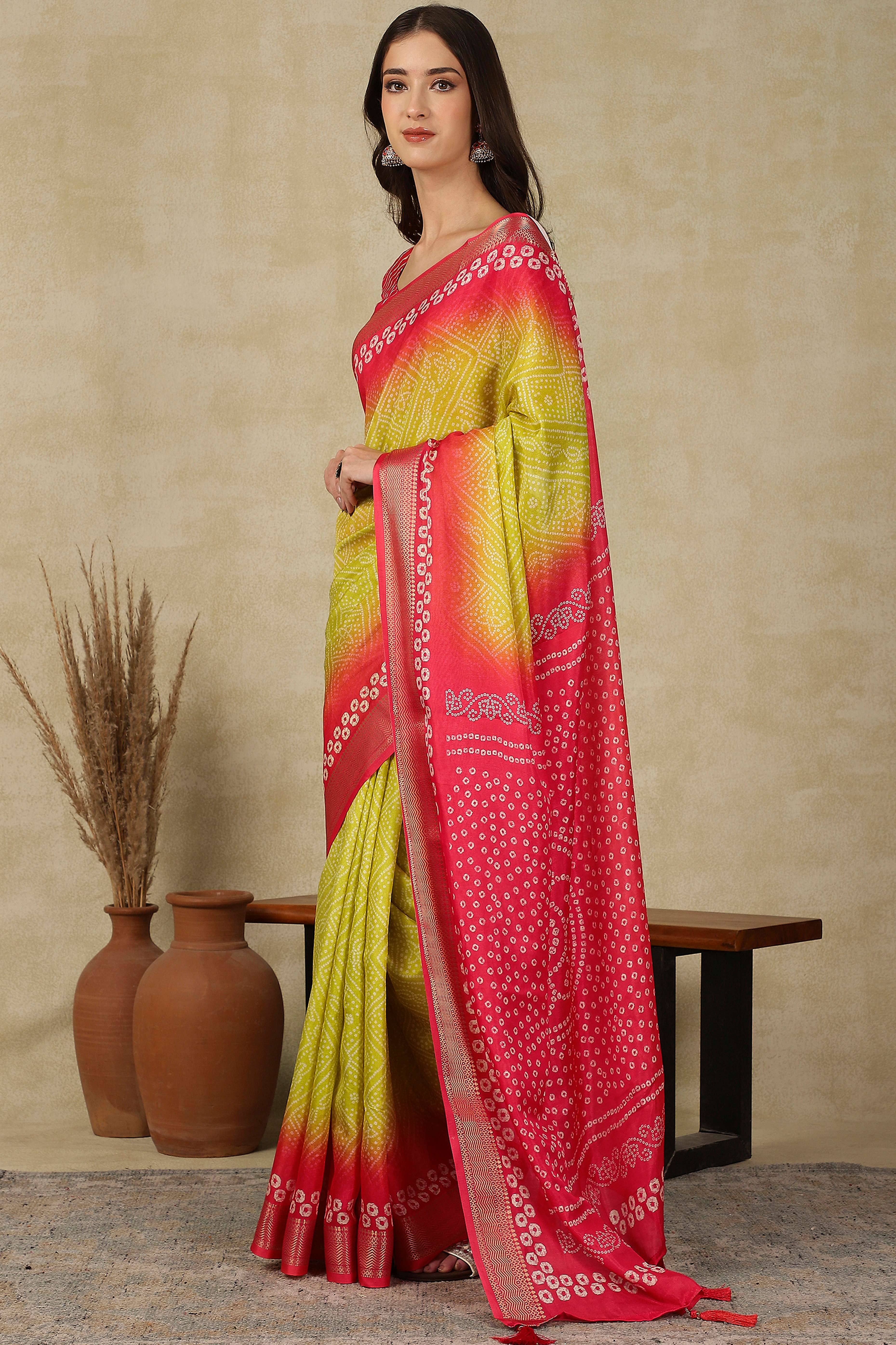 Luxury Lemon Yellow & Red Bandhani Print Cotton Silk Saree Featuring Weaving Border & Tassel Pallu