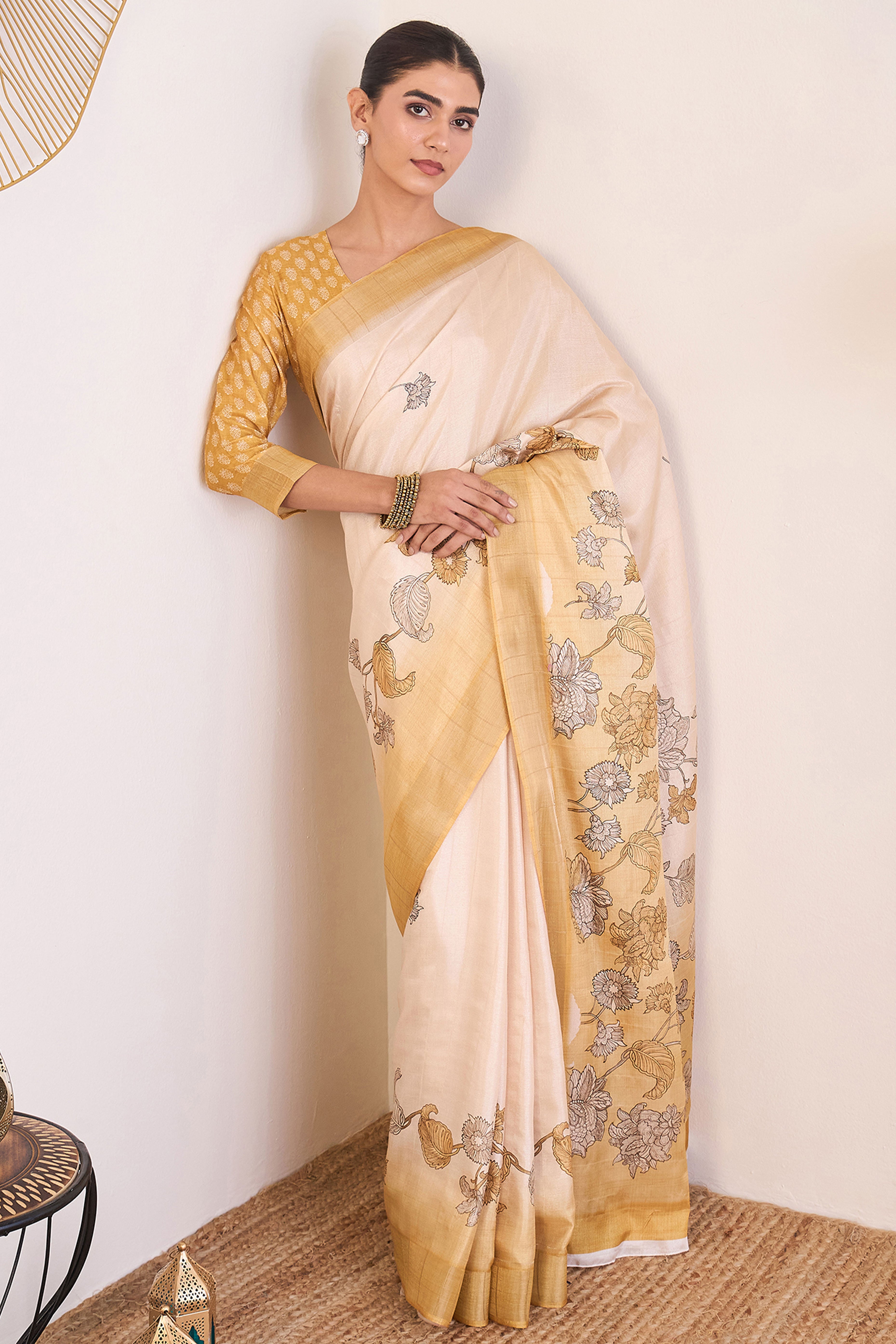 Elegant Light Mustard Floral Printed Kotha Cotton Silk Saree Reflecting Subtle Sophistication