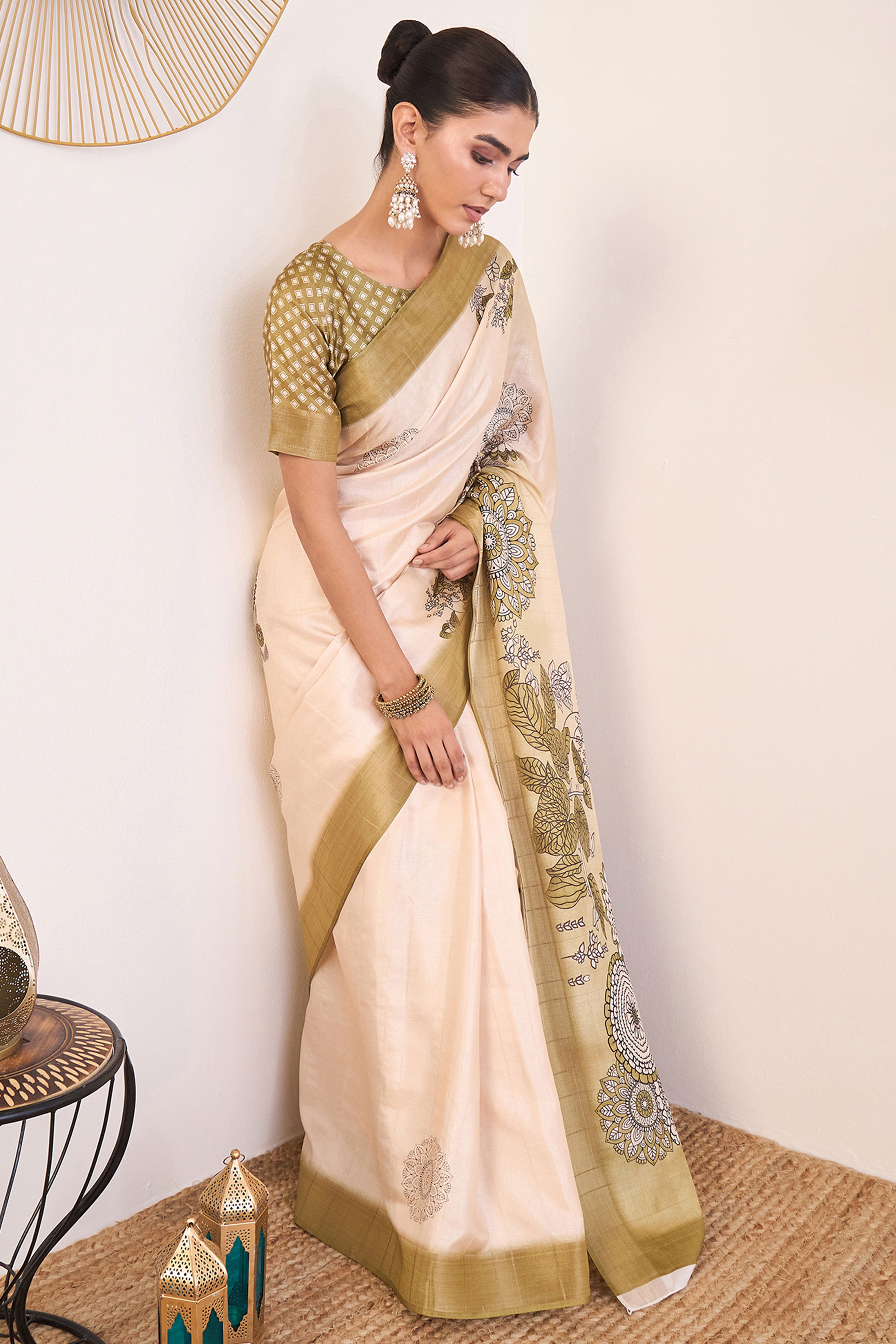 Elegant Mehendi Green Floral Printed Kotha Cotton Silk Saree Reflecting Subtle Sophistication