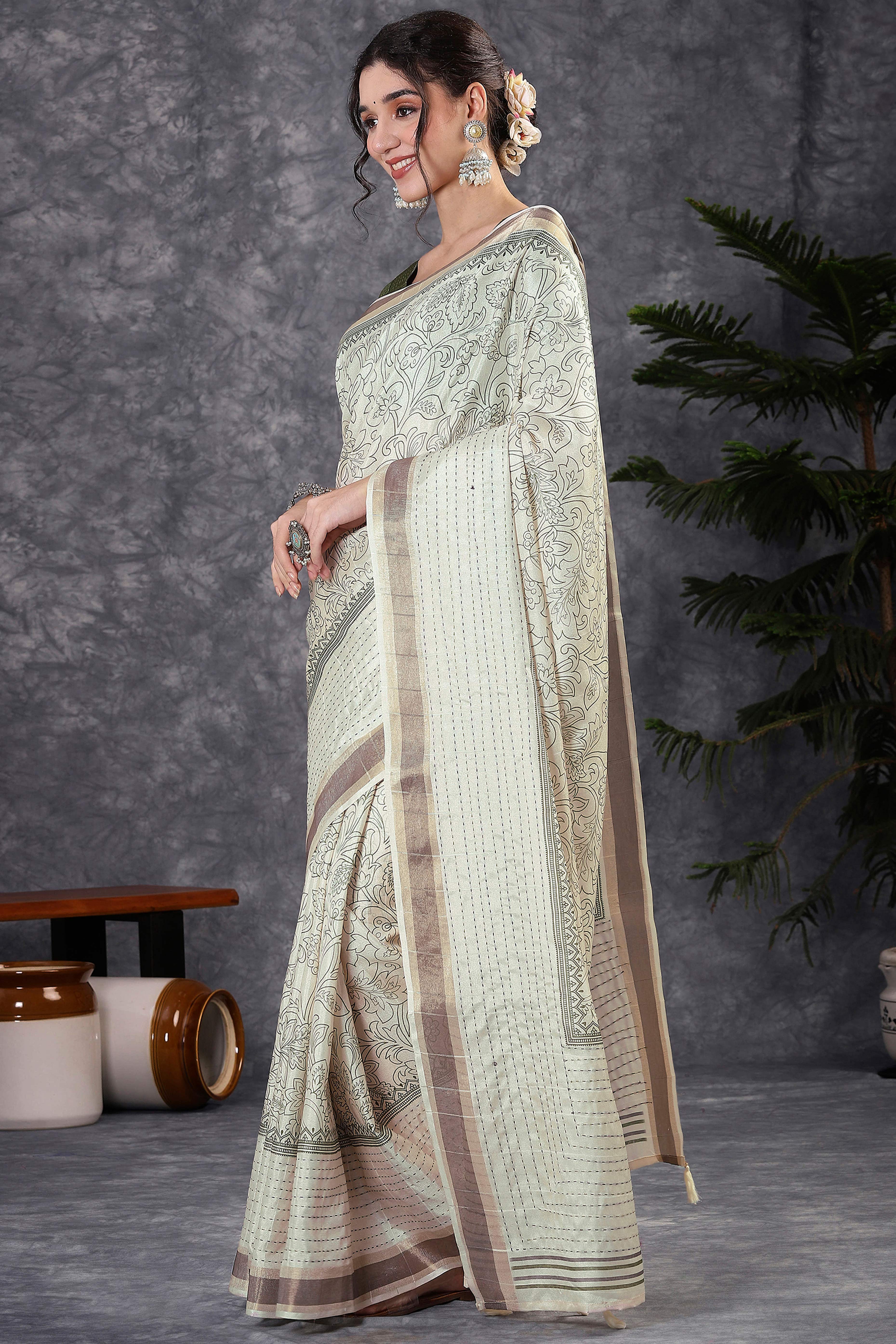 Offwhite & Mehendi Floral Printed Kotha Cotton Silk Saree With Beautifully Crafted Katha Embroidery