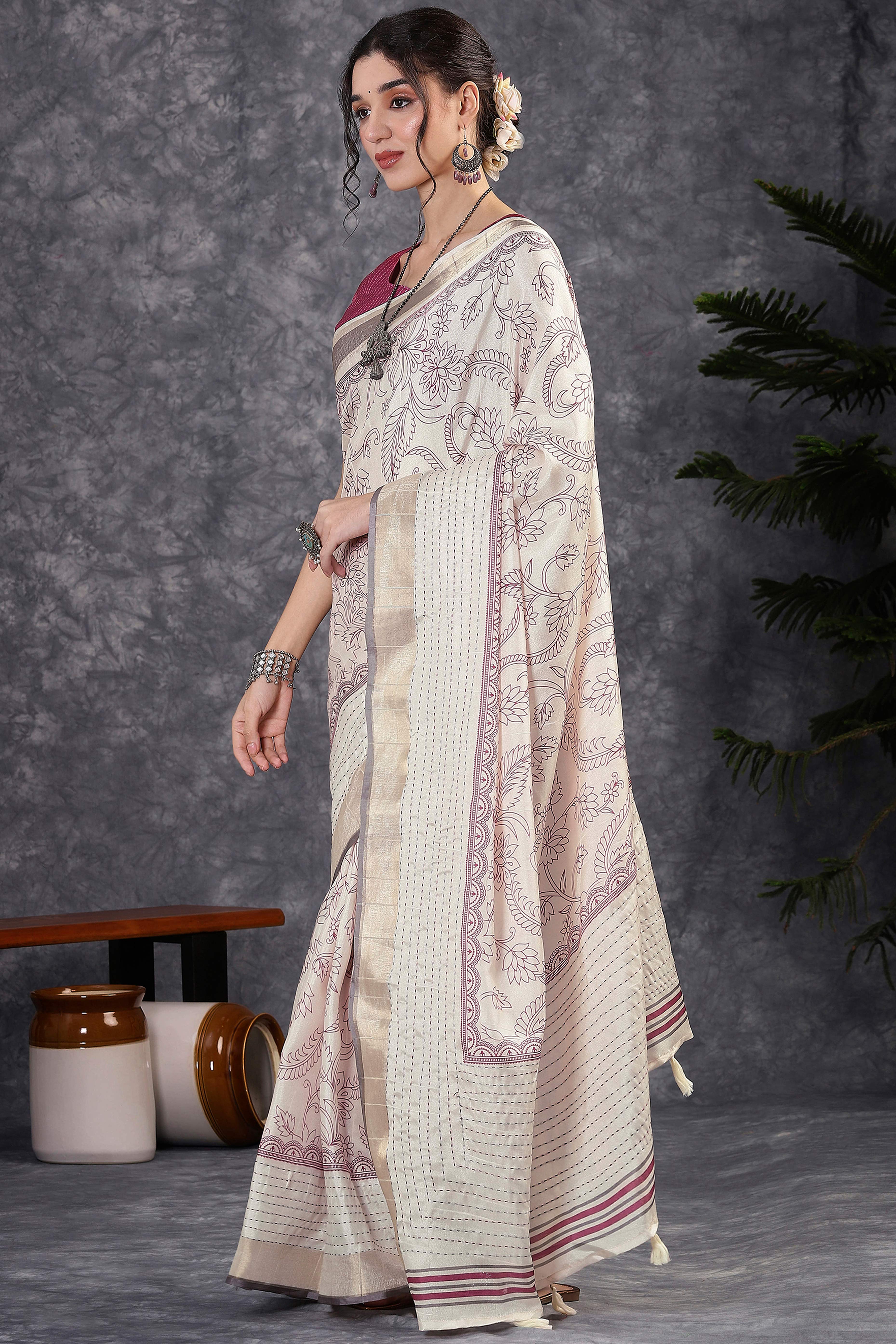 Offwhite & Magenta Floral Printed Kotha Cotton Silk Saree With Beautifully Crafted Katha Embroidery